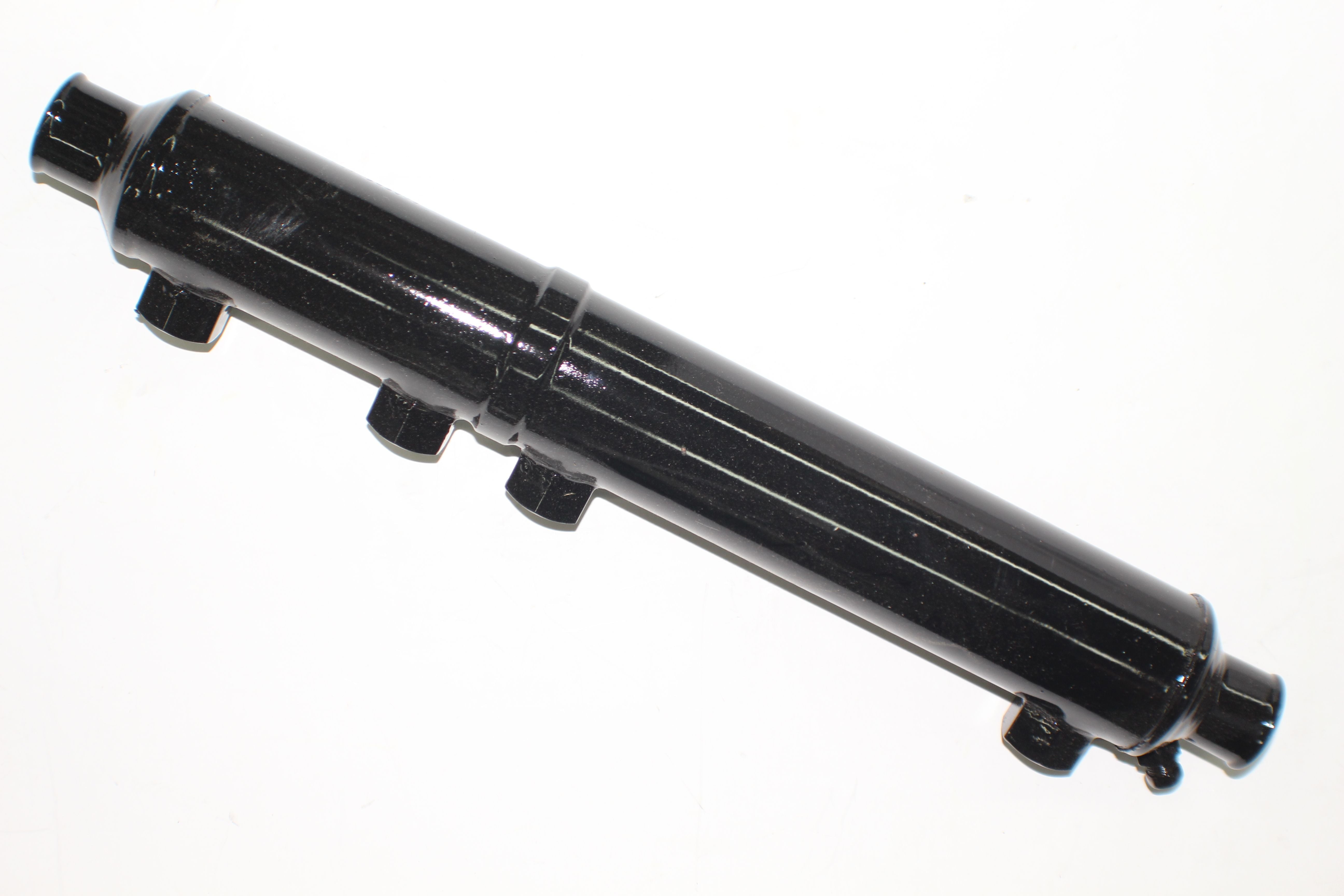 Black transmission engine oil cooler with O-ring port and multiple inlet/outlet connections, designed for vehicle cooling systems.