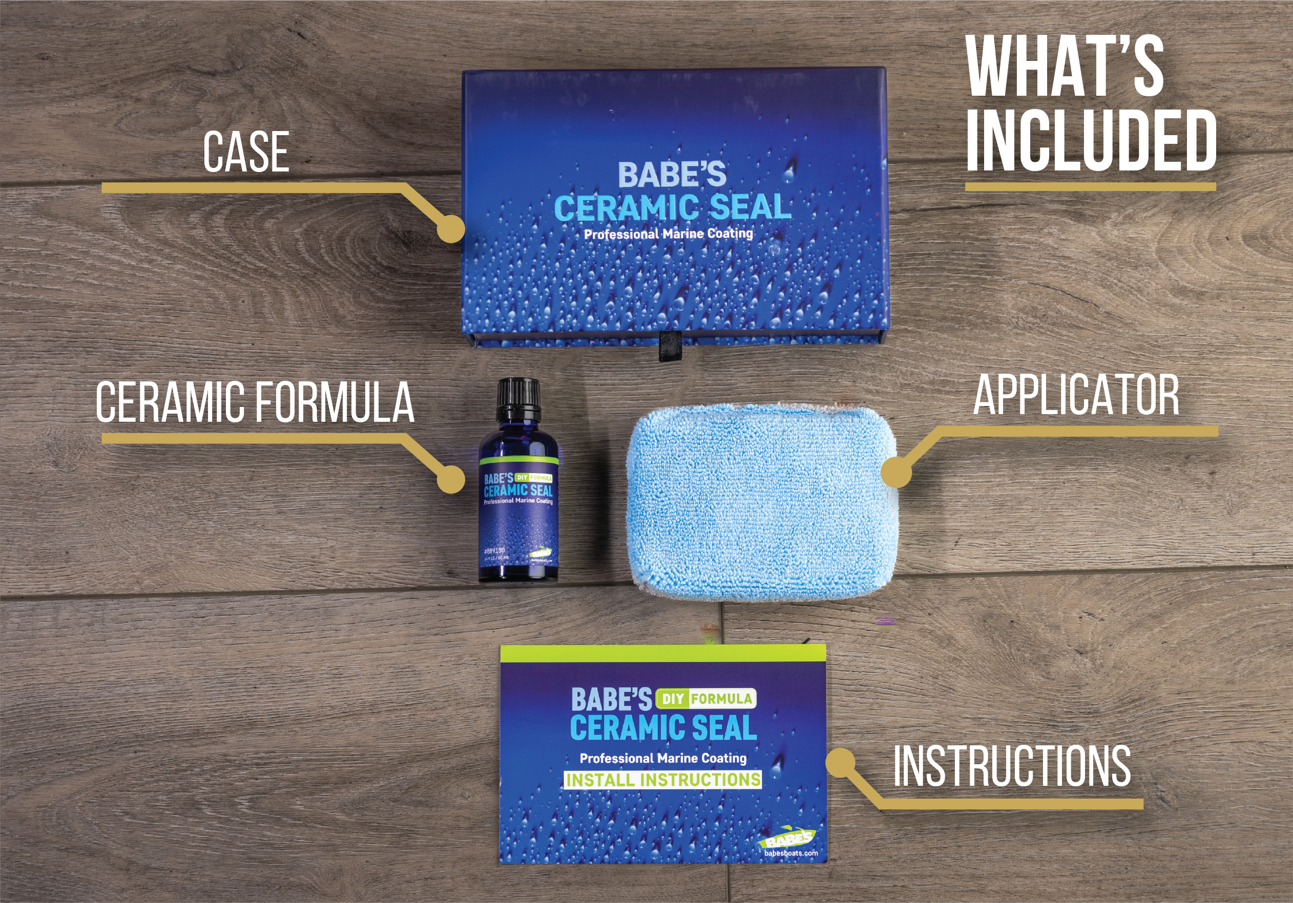 Babe's Ceramic Seal Marine Coating kit includes a case, ceramic formula bottle, applicator sponge, and installation instructions.