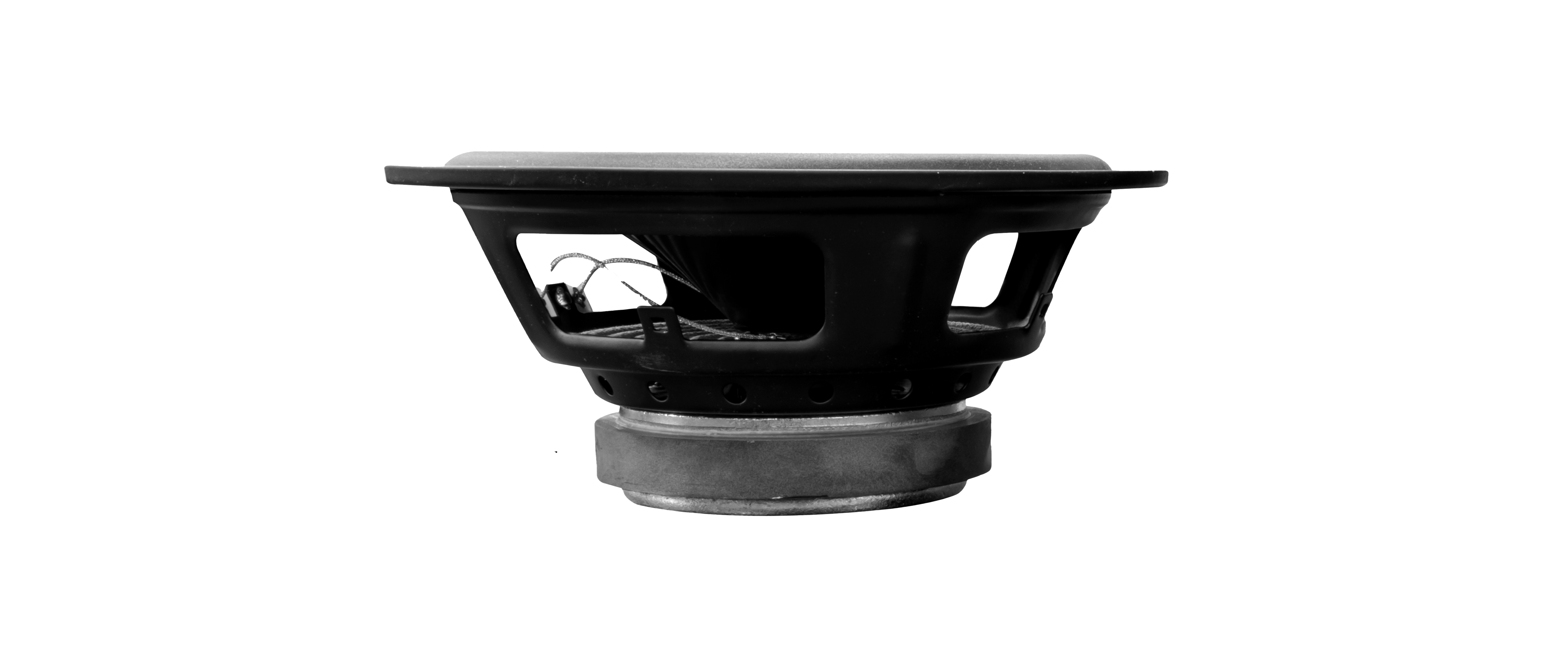 Black Icon 8 speaker cone with visible wiring, isolated on a black background.