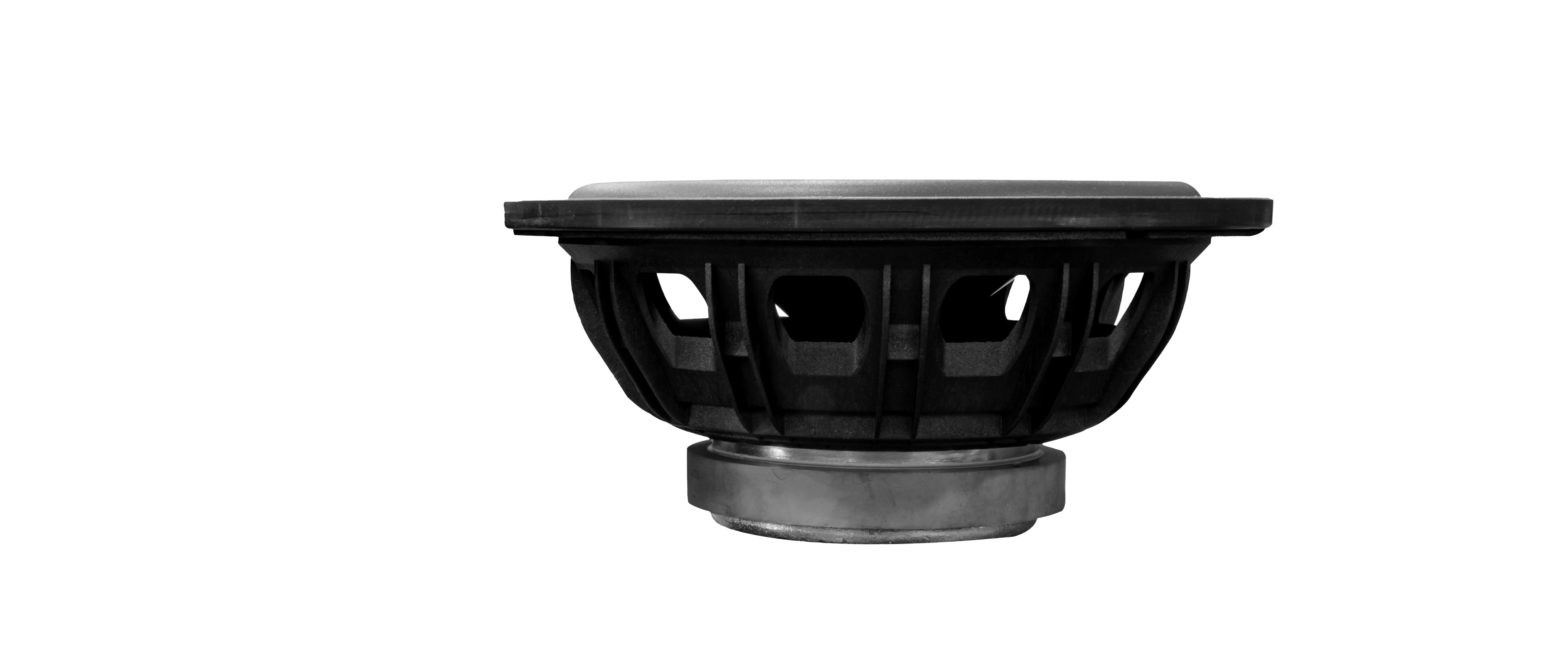 Malibu/Axis Icon Tower Speaker, black speaker cone with protective grille, isolated on black background.