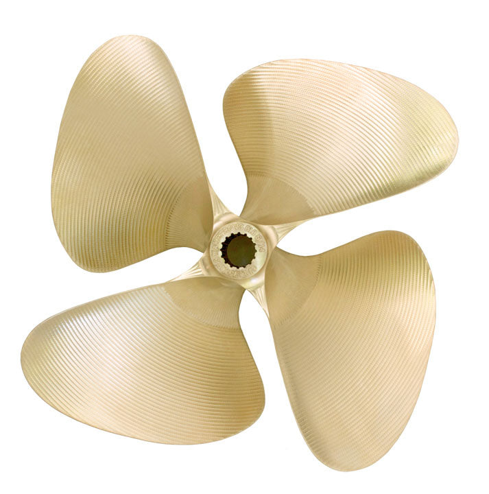 A four-blade boat propeller with a metallic finish, measuring 15 by 12 inches, designed for marine propulsion.