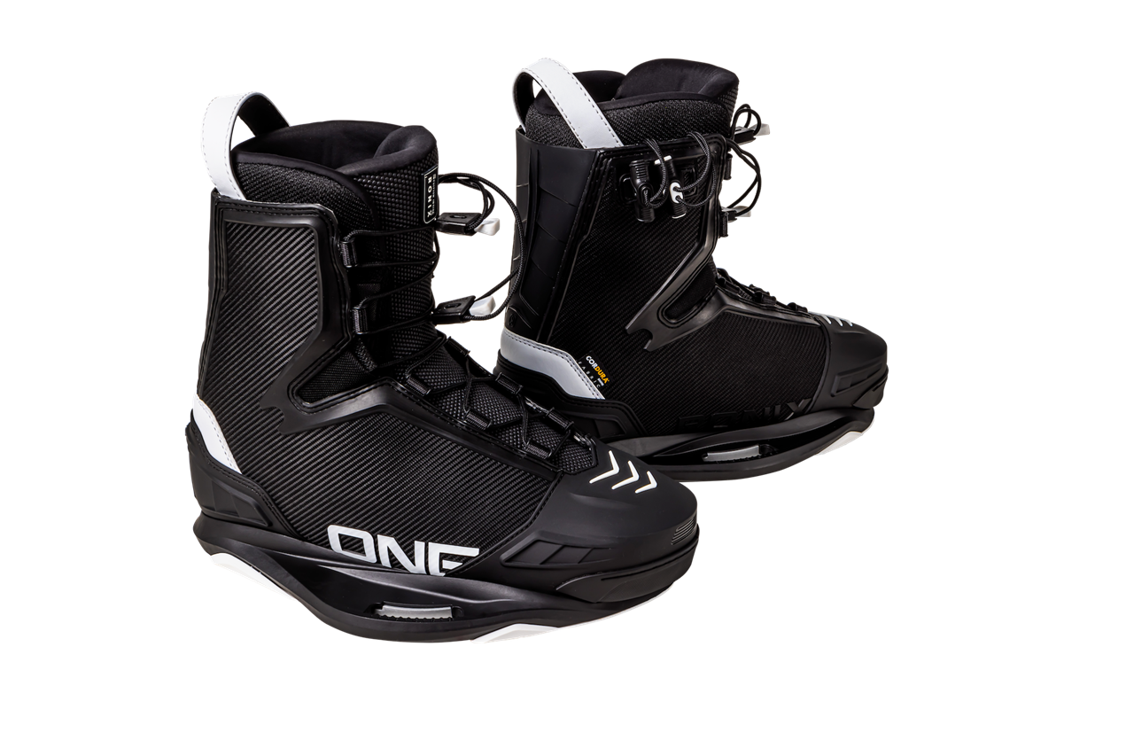 2025 Ronix One Intuition black and white snowboard bindings with high-back support and adjustable straps.