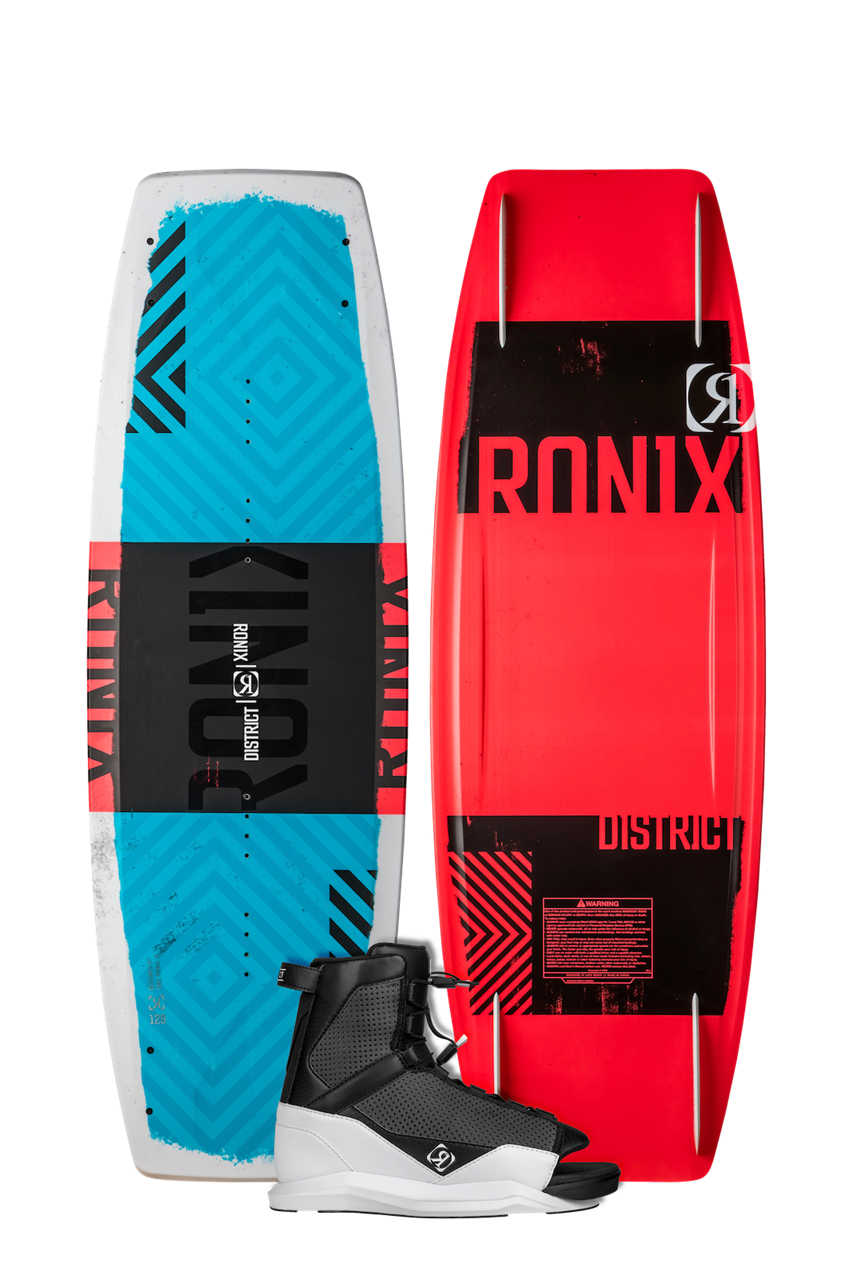 2025 Ronix District Kid's Wakeboard with black and white bindings, featuring a red and black wakeboard with bold graphics.