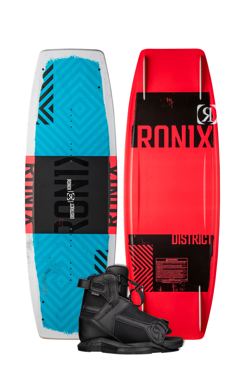 2025 Ronix District Kid's Wakeboard with black wakeboard binding, featuring a red and black design, and a blue and black wakeboard with geometric patterns.