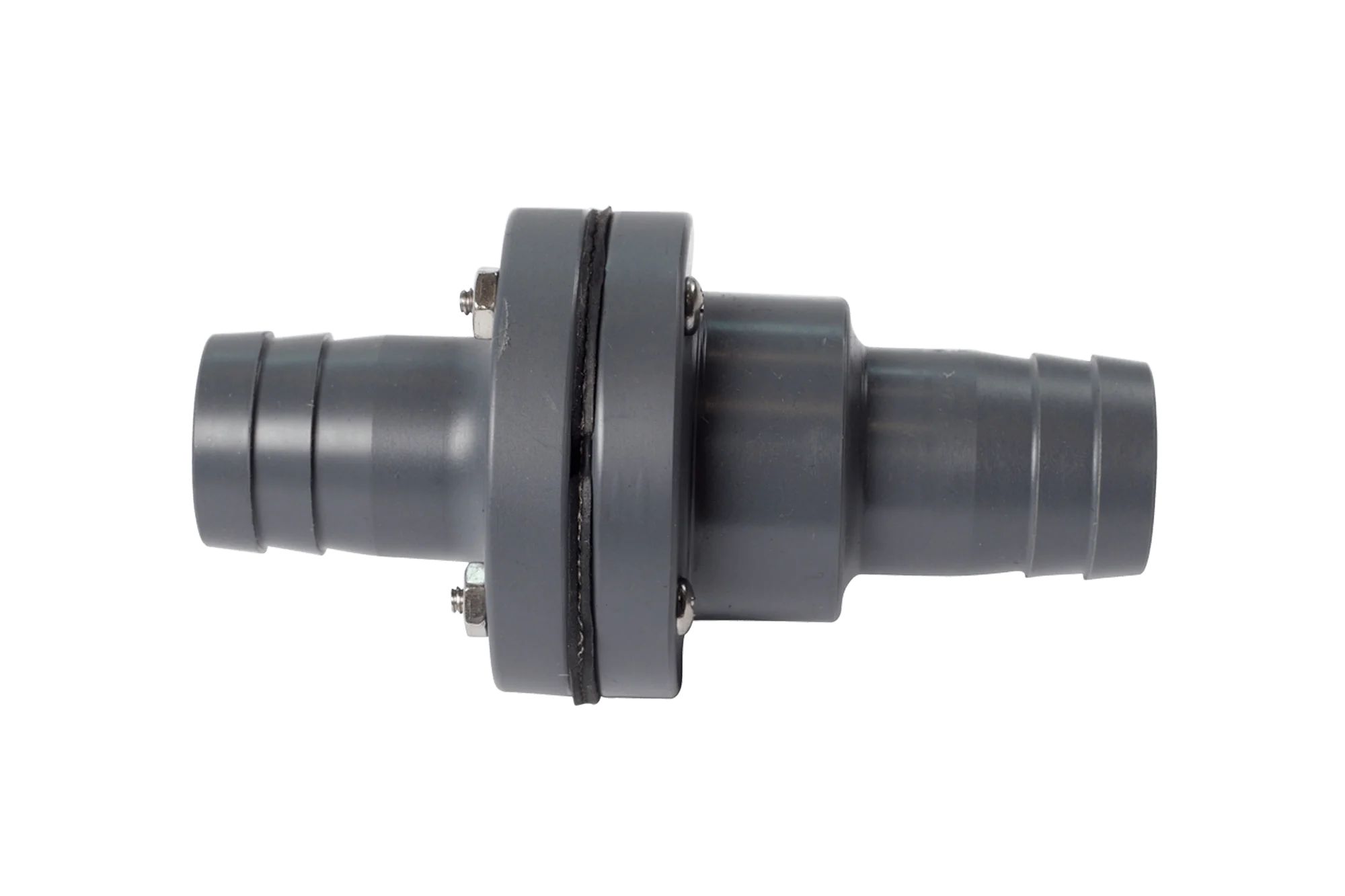 Alt text: "1 1/8 inch barbed in-line check valve, made of black plastic, featuring hose barb connections on both ends and a central circular valve body with a black rubber seal and metal clamps."