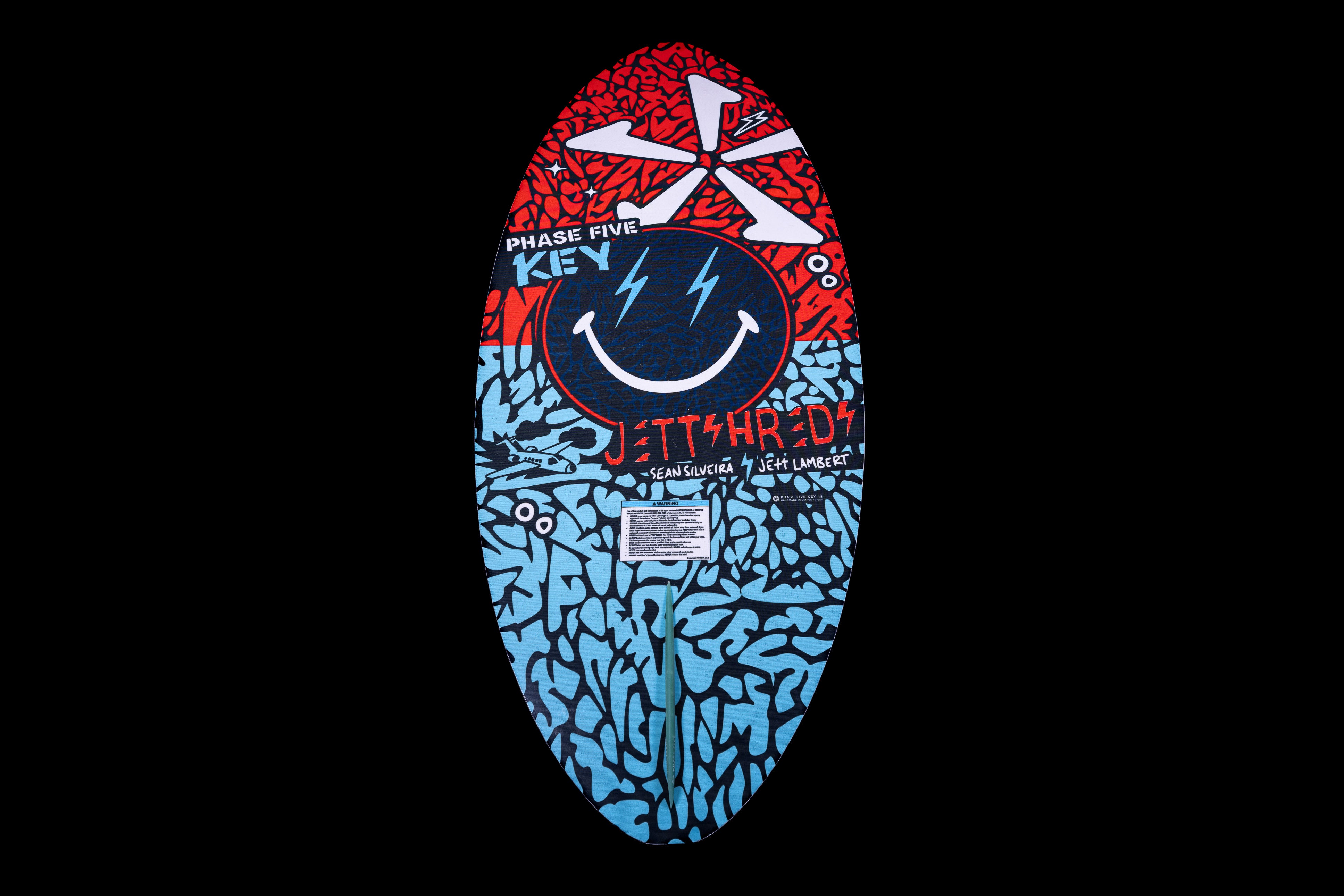 2025 Phase 5 Key Jett Shreds skimboard featuring a vibrant design with a smiley face and colorful patterns.