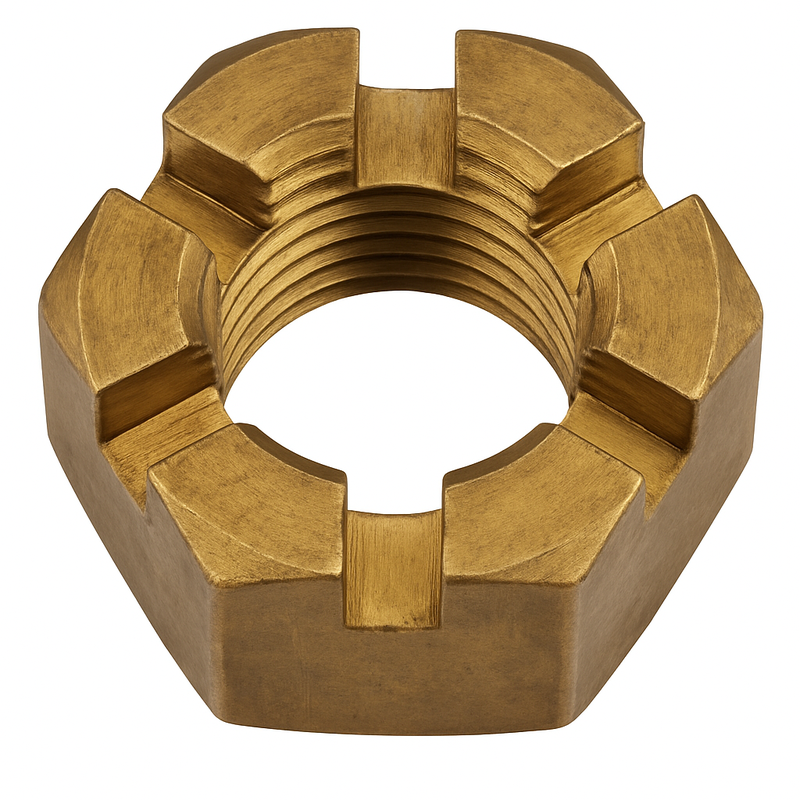 Gold-colored castle nut with internal threading and notched outer edges for securing with a cotter pin.