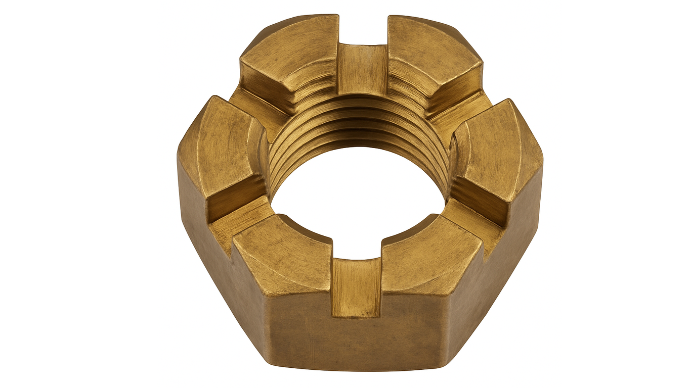 Gold-colored castle nut with internal threading and six notches around the outer edge for locking.
