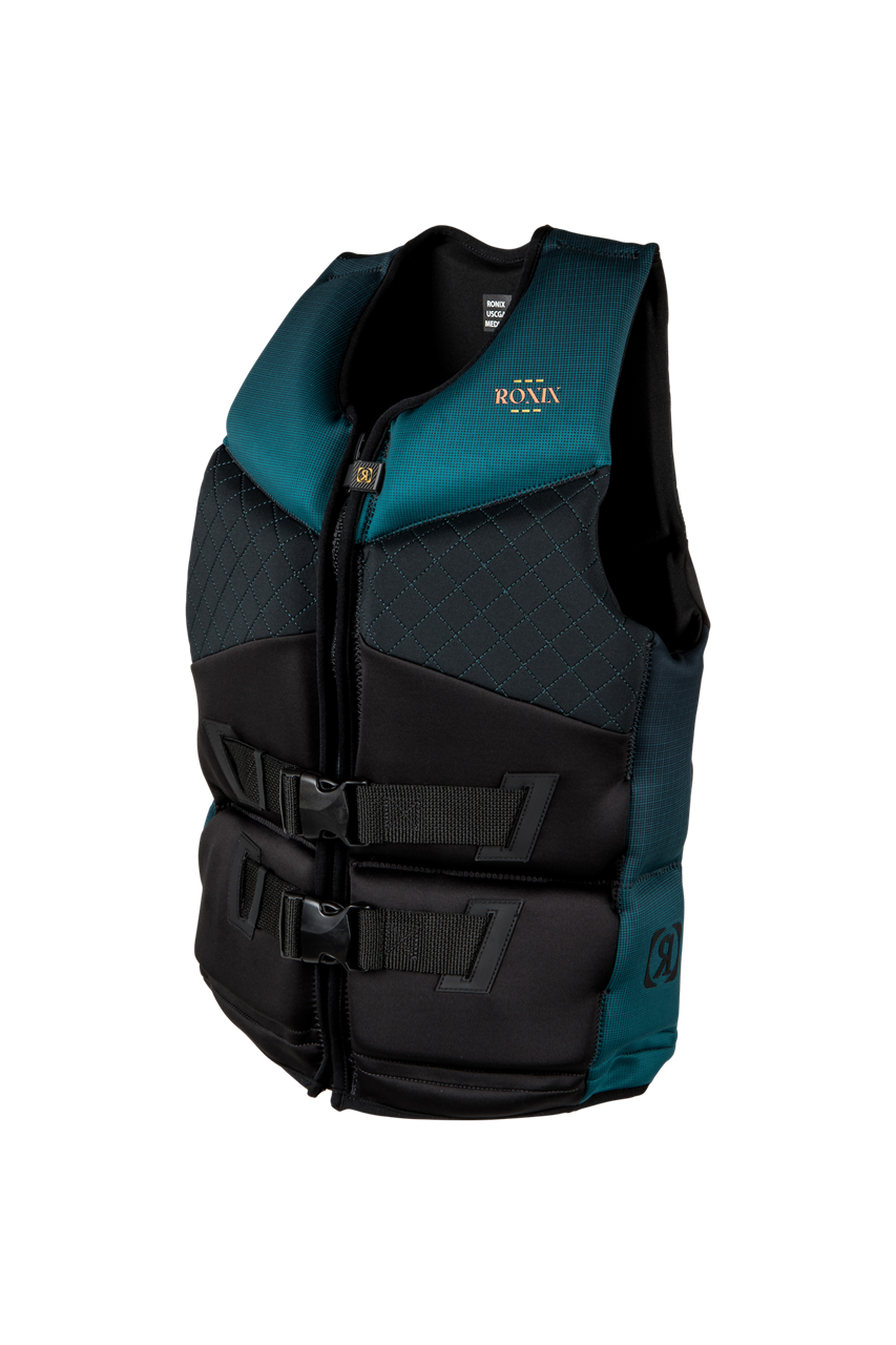 2025 Ronix Imperial women's Capella 3.0 vest, black and teal, lightweight impact protection with adjustable straps.