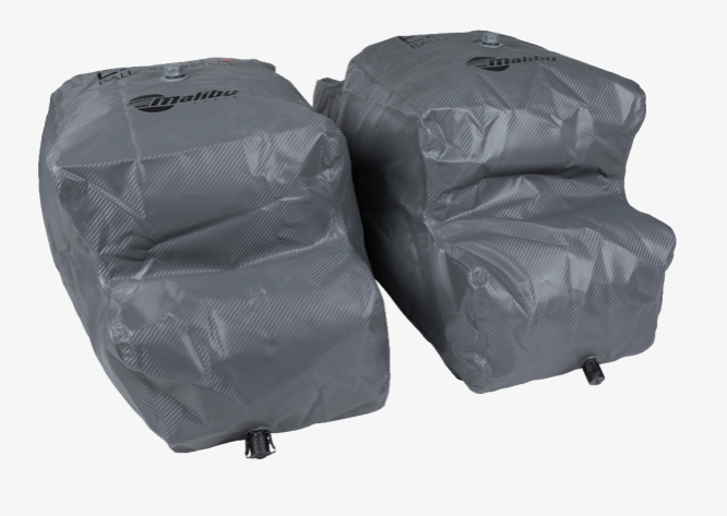 Pair of Eight.3 Malibu ballast bags with fittings, MA 120, 650 lbs, for boat weight distribution, wrapped in gray protective covers.