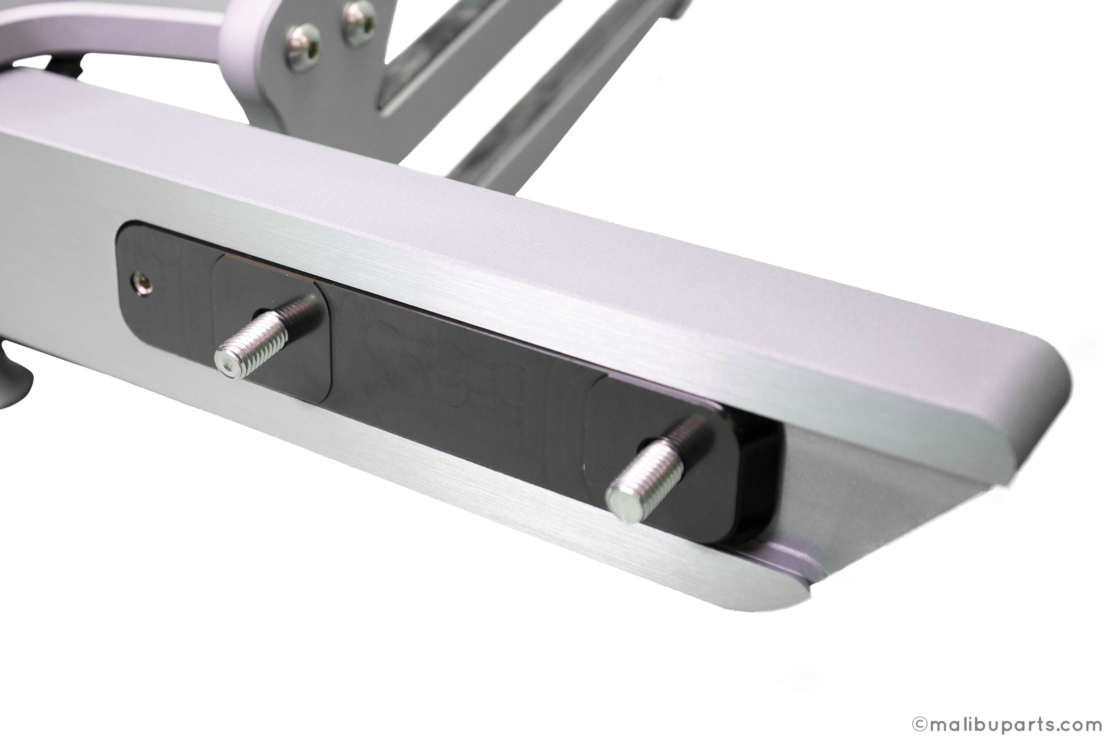 Close-up of the Malibu Spinner Combo Rack G3/G4 tower, 18-22', featuring a sleek metallic finish and adjustable mounting bolts.