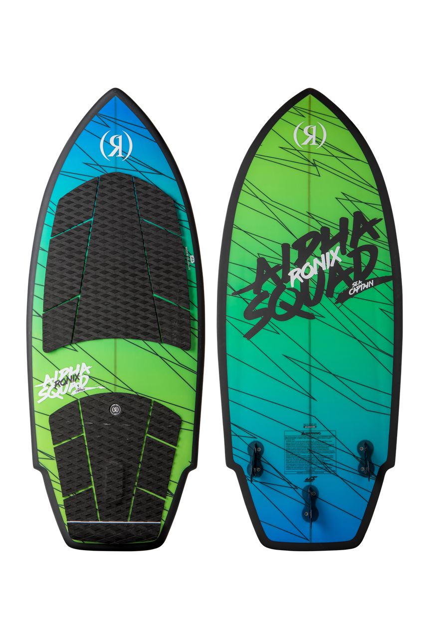 2025 Ronix Standard Core Alpha Squad Kid's Skimmer Surf Board with vibrant green and blue design and traction pads.