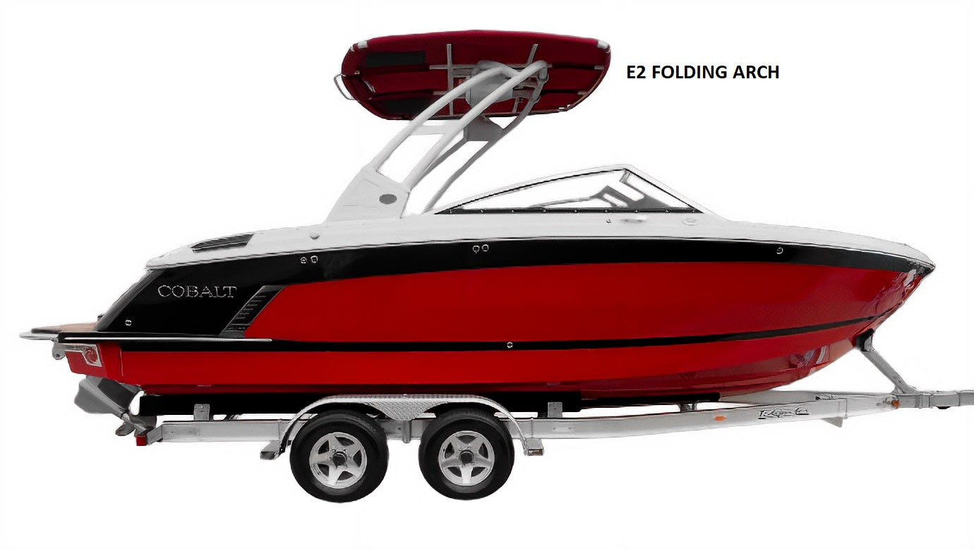 2022-2024 Cobalt R6S boat featuring an E2 folding arch mooring cover, showcasing its sleek red and white design.