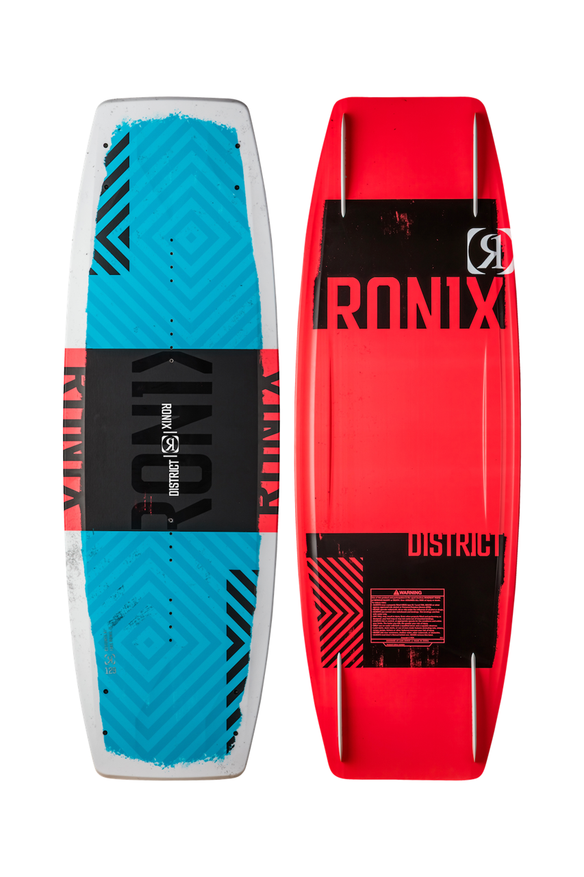 2025 Ronix District Kid's Wakeboard with vibrant red and blue design, featuring a durable, lightweight construction for young riders.