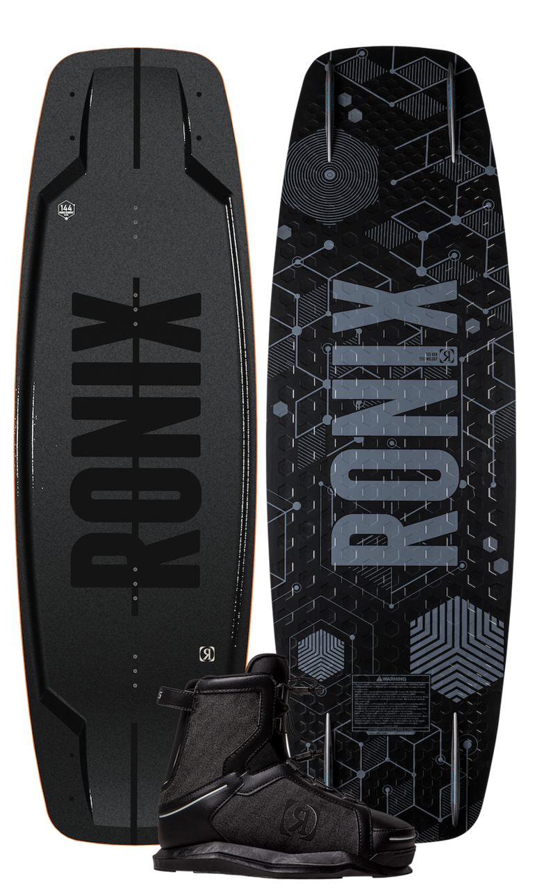 2025 Ronix Parks Modello Wakeboard with black bindings, featuring a sleek design and high-performance features.