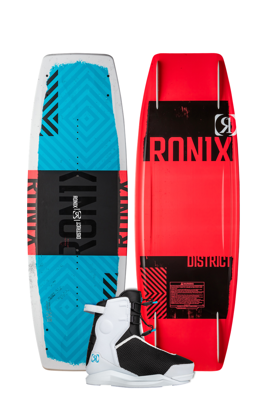 2025 Ronix District Kid's Wakeboard with bindings, featuring a vibrant red and blue design, ideal for young wakeboarders.