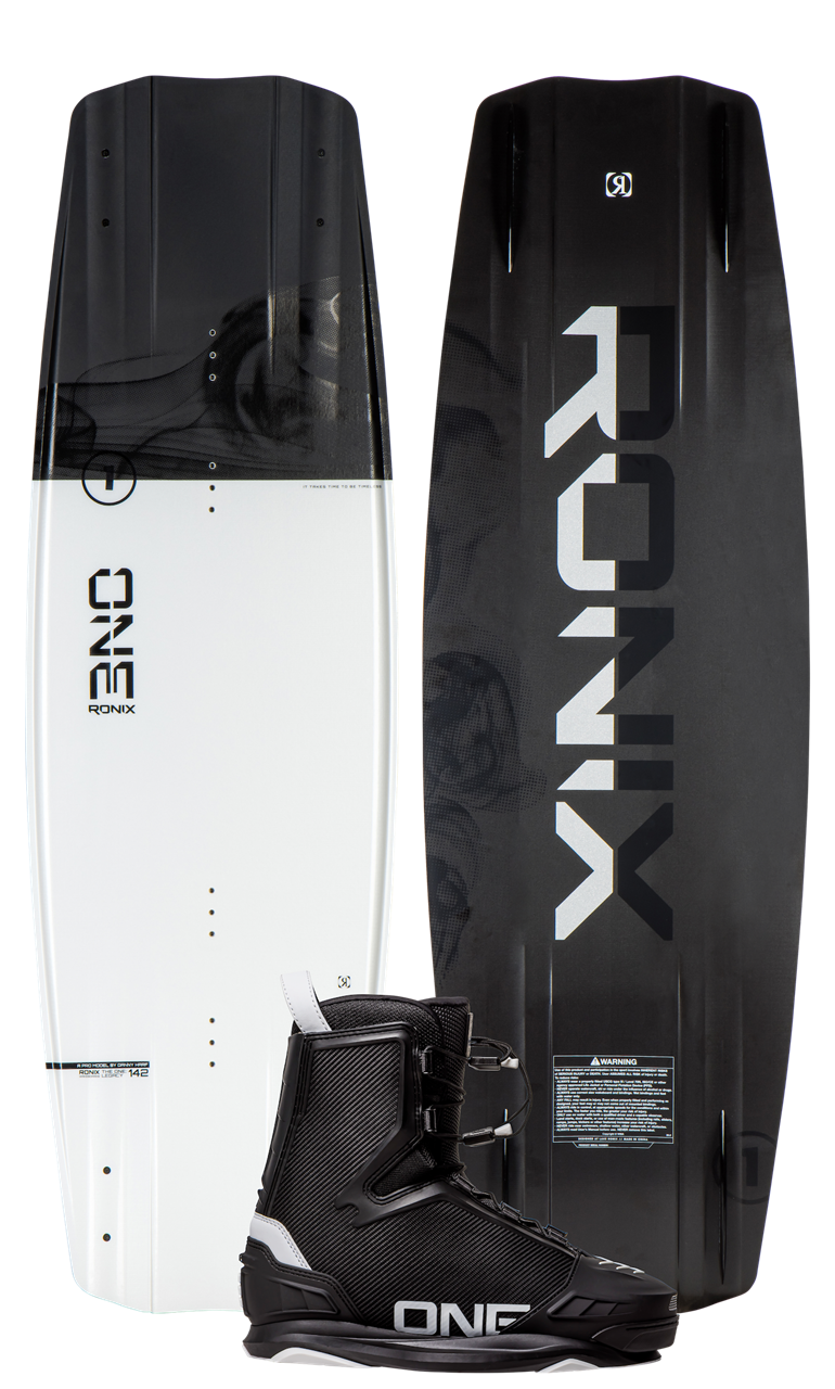 2024 Ronix One Legacy Core Wakeboard with black and white design, featuring adjustable boots for optimal performance.