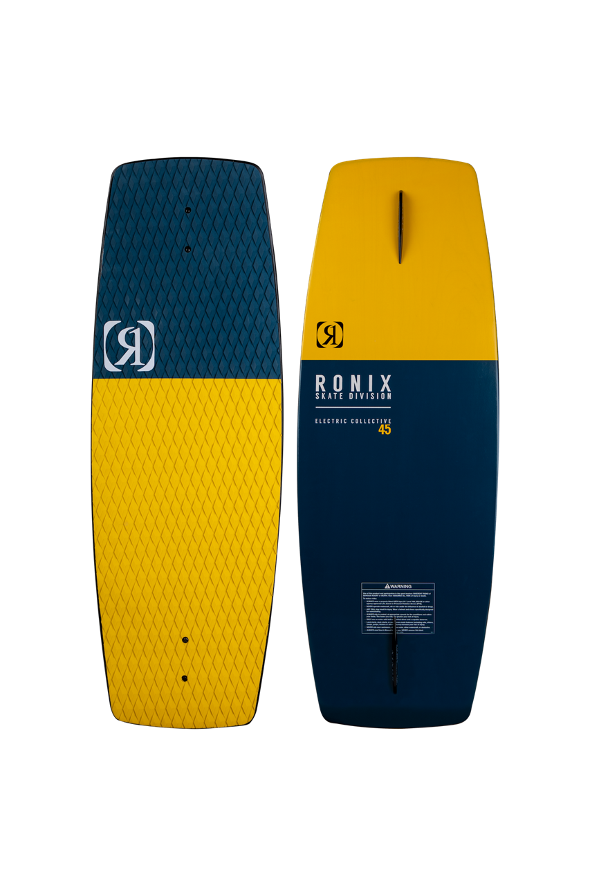 2025 Ronix Electric Collective Wakeskate with yellow and blue deck, designed for electric-powered wakeboarding.