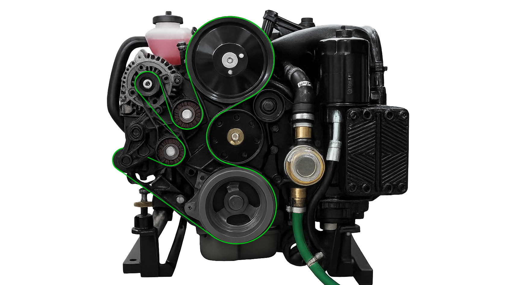 Serpentine belt installed on a black engine, connecting pulleys on the M-Series M5DI/M6DI engine.
