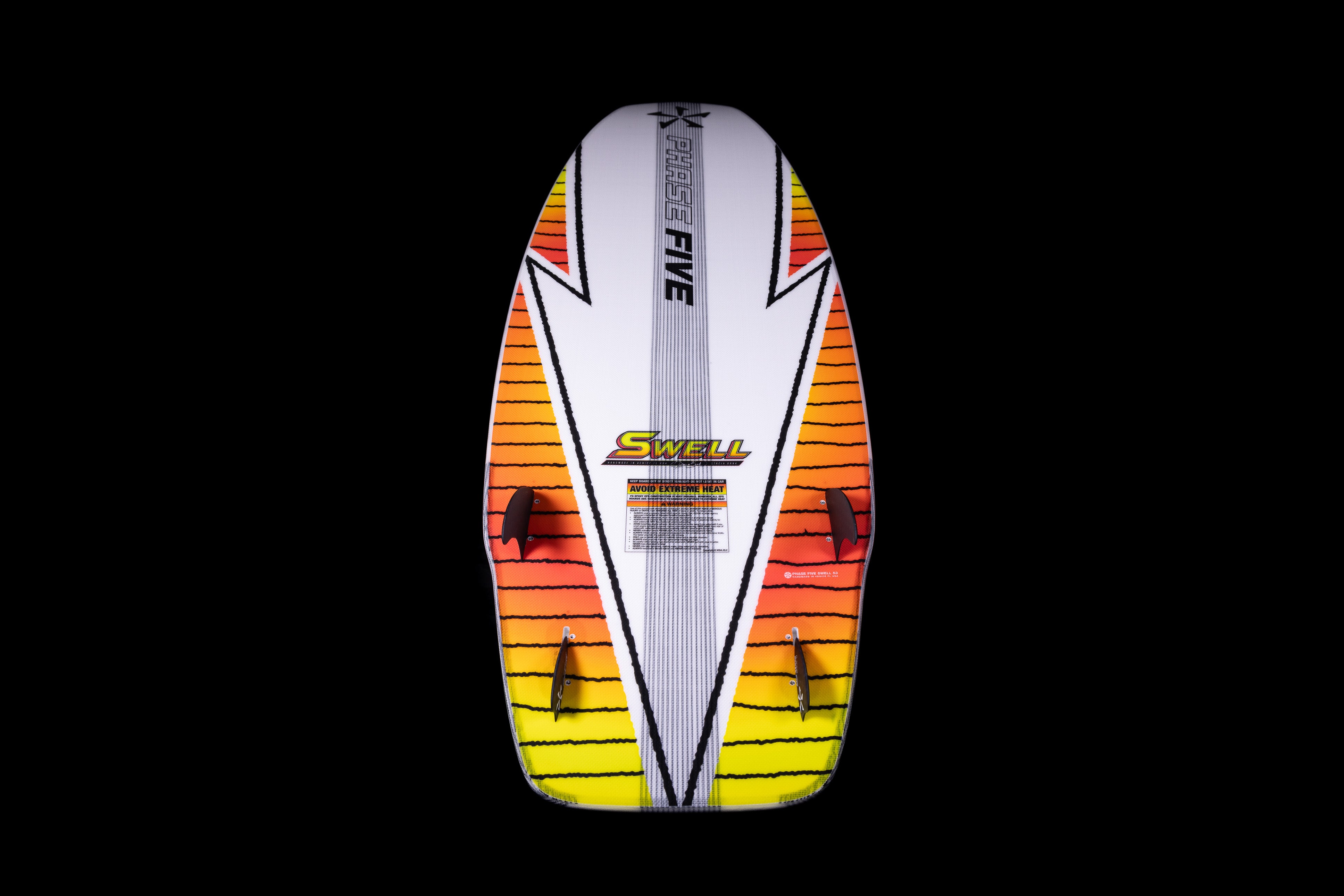Colorful 2025 Phase 5 Swell Surf Board with a vibrant orange, yellow, and white design, featuring fins and a textured deck.