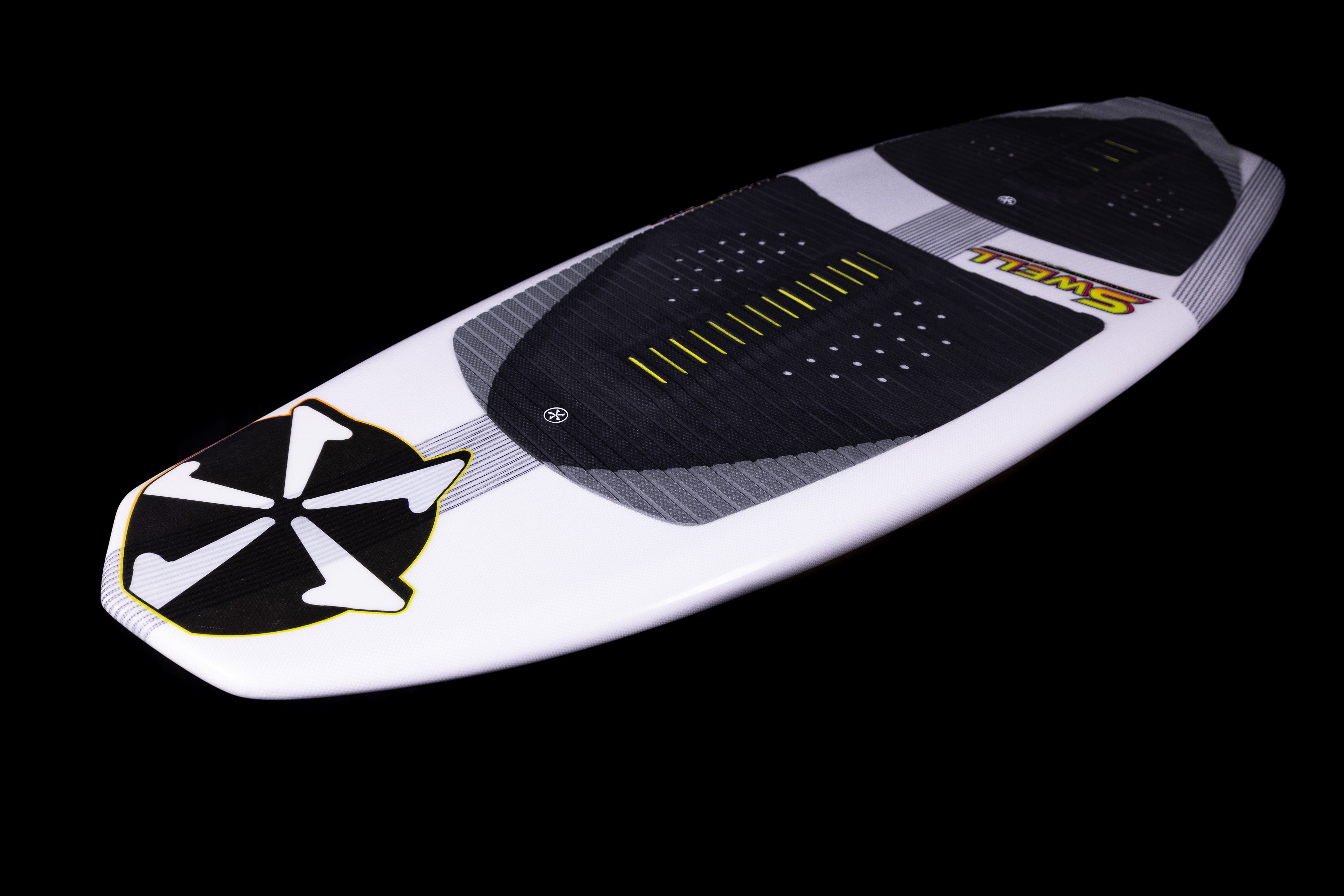 2025 Phase 5 Swell Surf Board with a white, black, and yellow design, featuring traction pads and a sleek, modern shape.