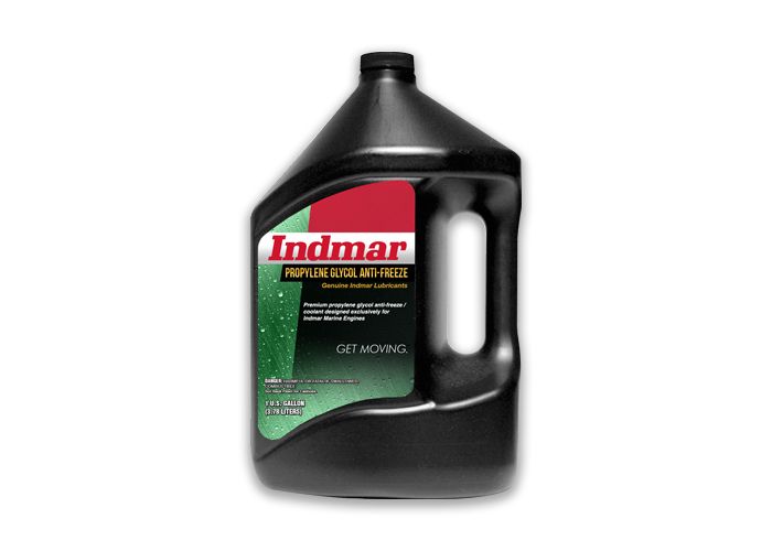 Black plastic jug of Indmar engine coolant with red, green, and white label, designed for marine engine cooling systems.