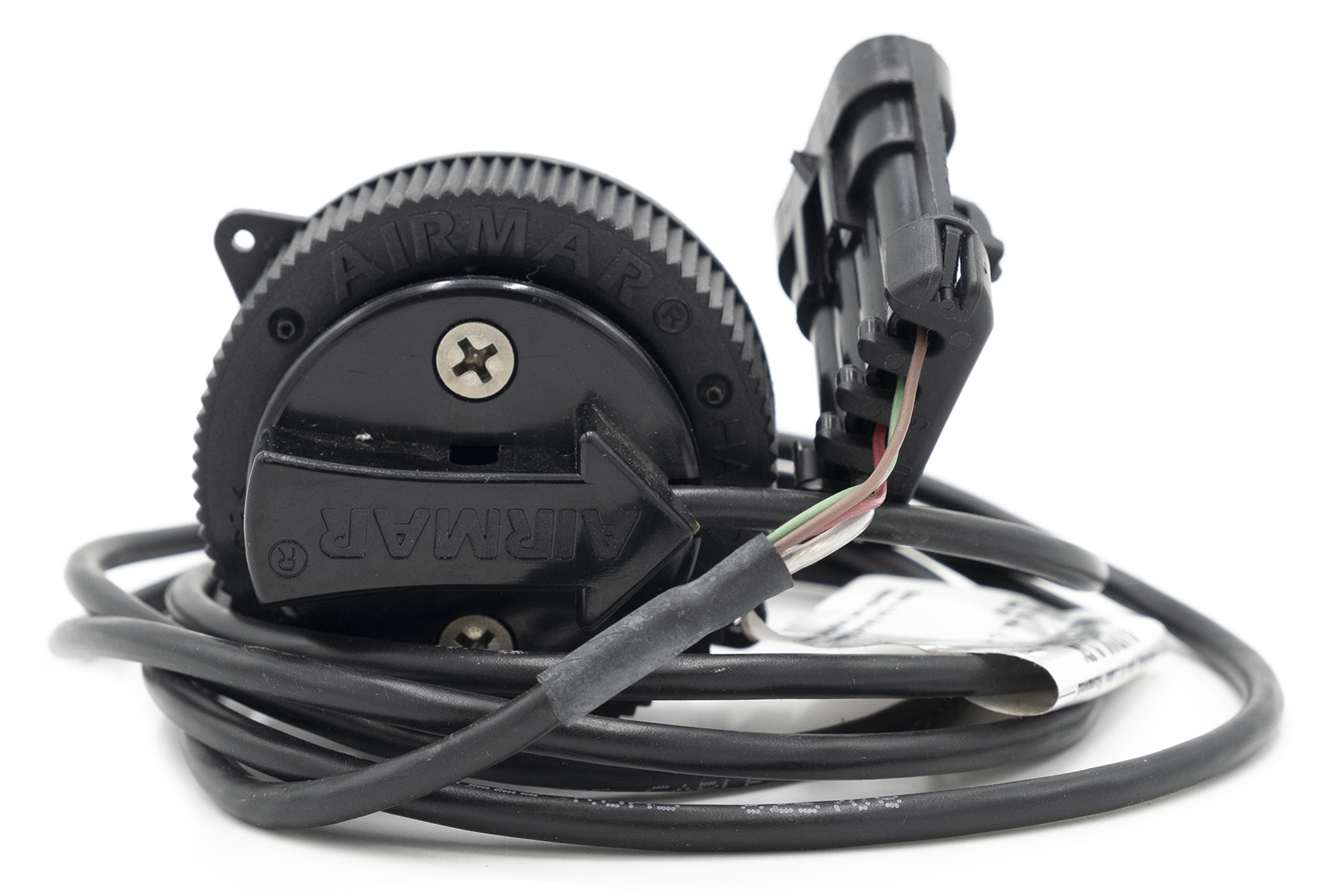 Airmar paddle wheel speed sensor with black plastic housing, wiring, and mounting components for marine speed measurement.
