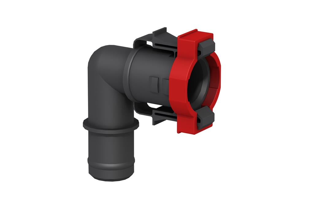Flow Rite 3/4-inch elbow fitting for plumbing, with black body and red locking ring for secure pipe connection.
