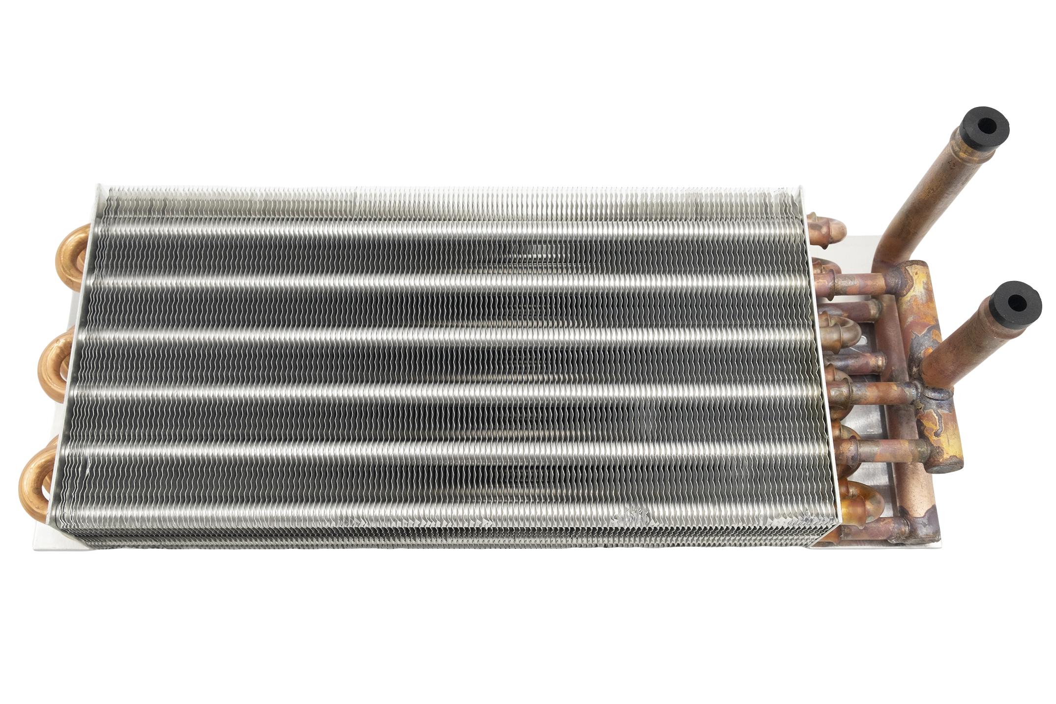 Heater core with three outlets, compatible with Maradyne models, featuring metal fins and copper pipes for heating systems.