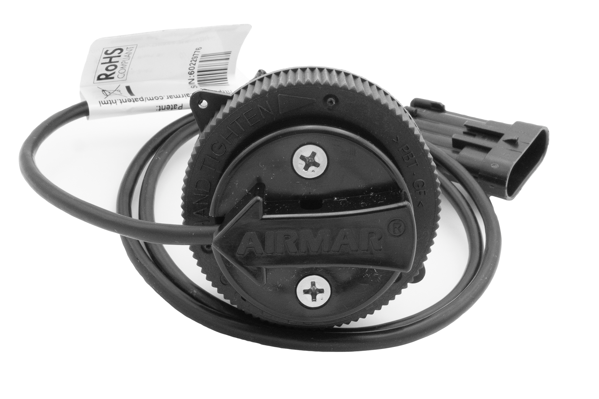 Airmar paddle wheel speed sensor with temperature, 3-foot cable, and waterproof connector for marine applications.