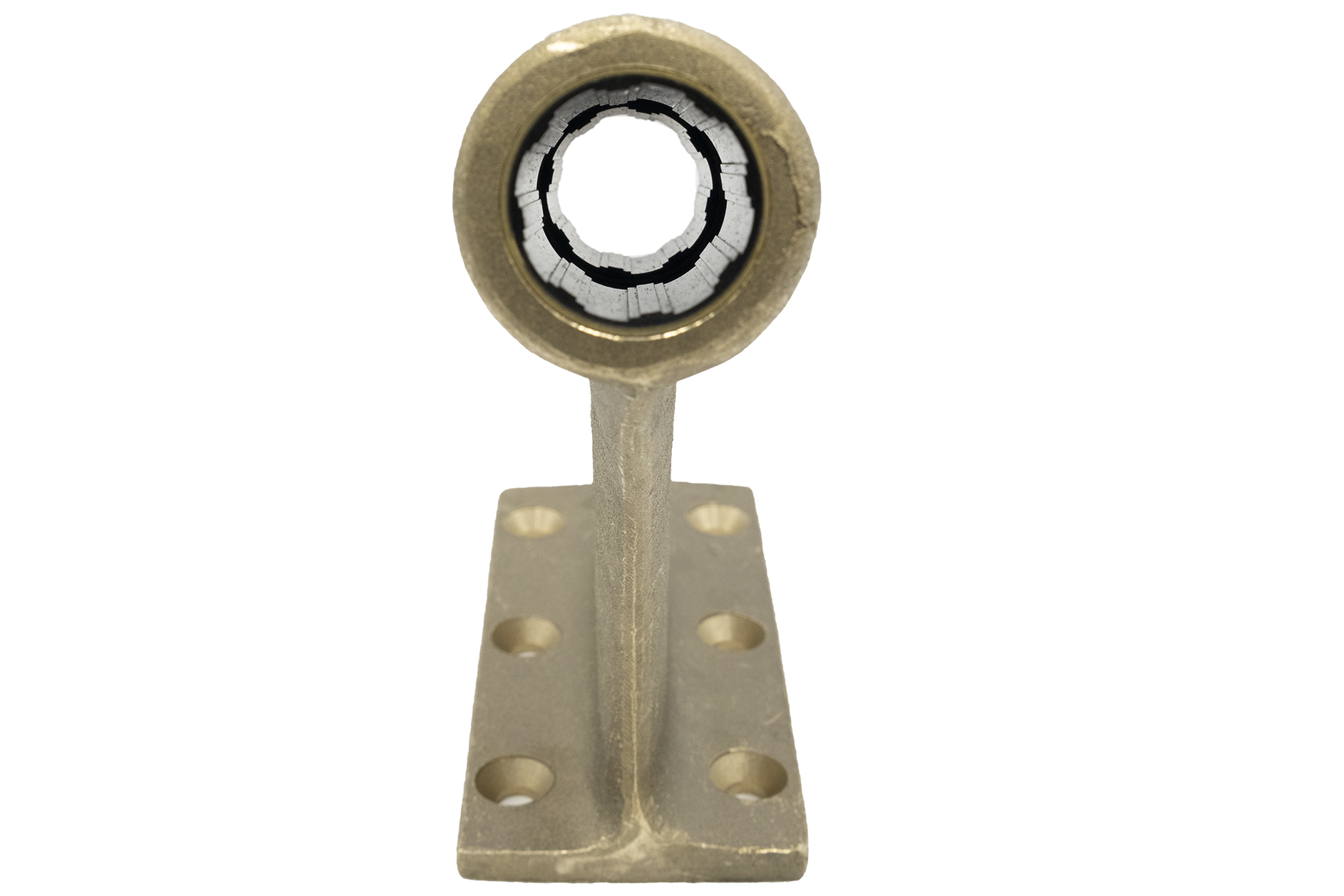 Metal support bracket with a 1-1/4 inch diameter strut, mounted on a flat base with multiple holes for secure installation.