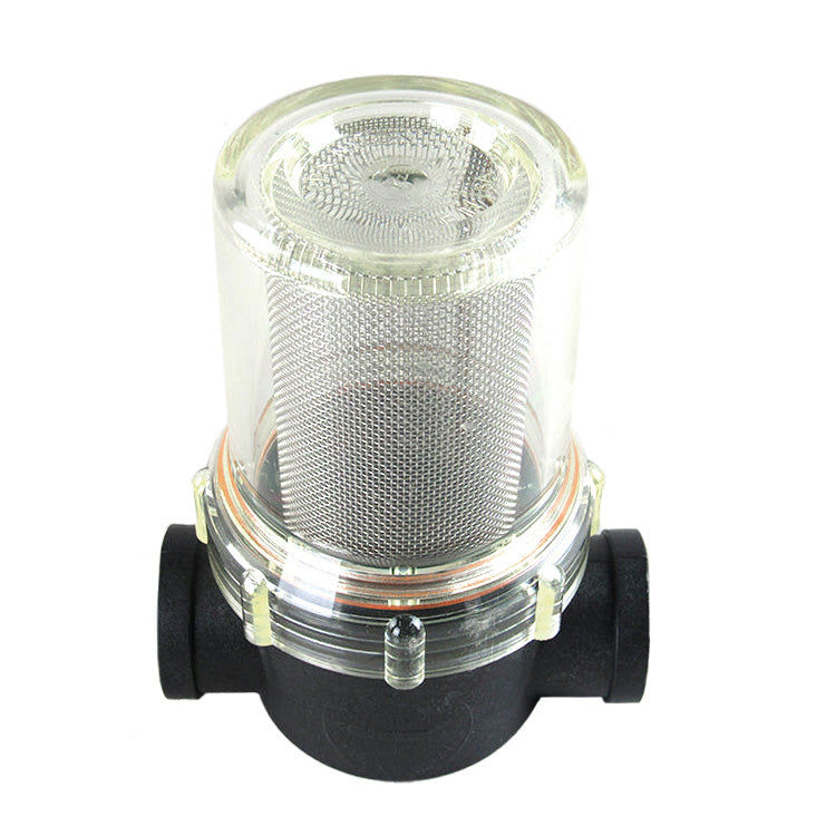 Clear view of a 1-inch outlet sea strainer with a cylindrical mesh filter inside, mounted on a black plastic base.