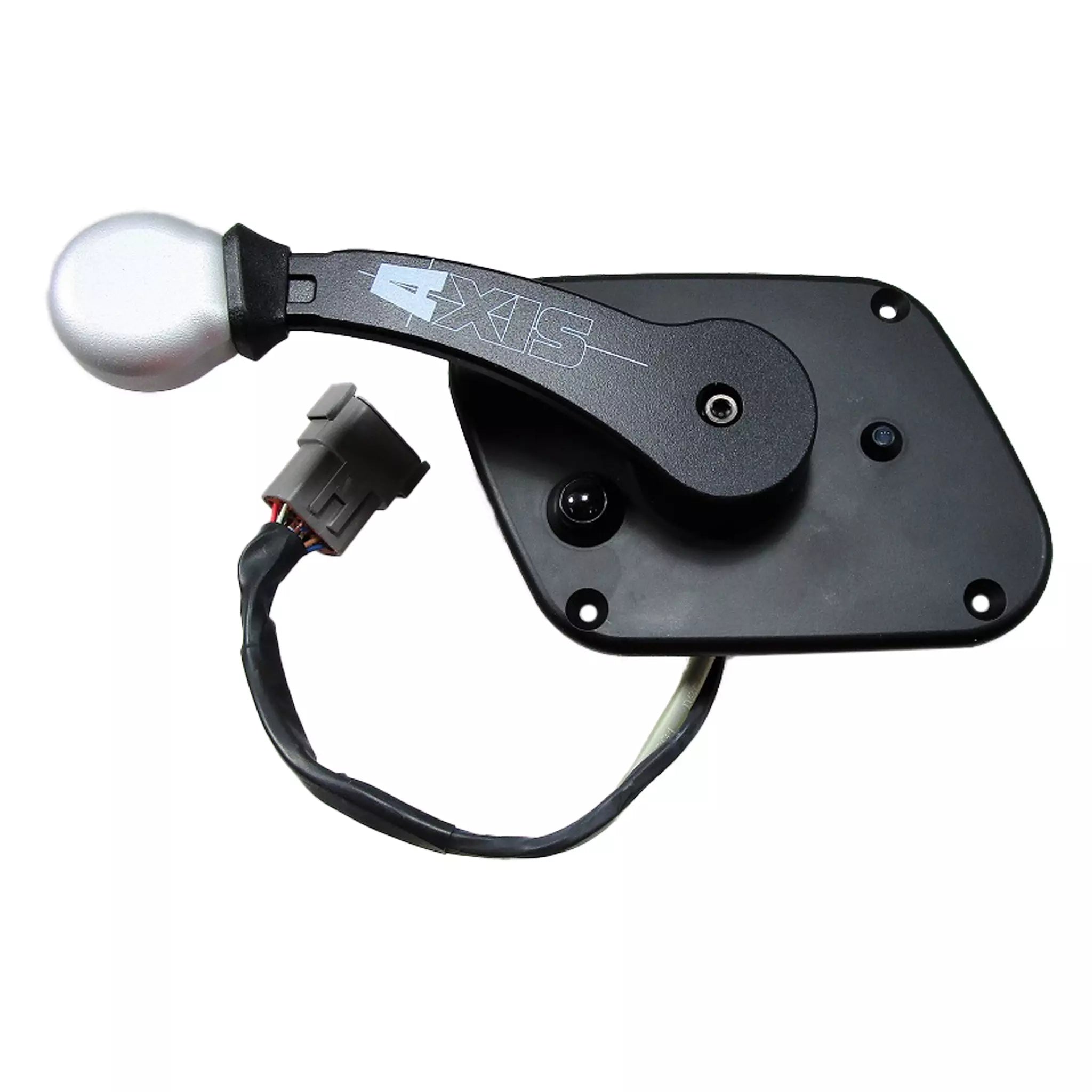 Alt text: "2017 to 2021 Axis automotive shifter assembly with a matte black finish and white knob. Includes integrated electrical connector and mounting plate."