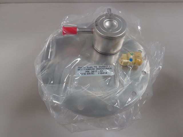 Fuel pump assembly for in-tank application, sealed in plastic packaging, with metal components and electrical connectors.