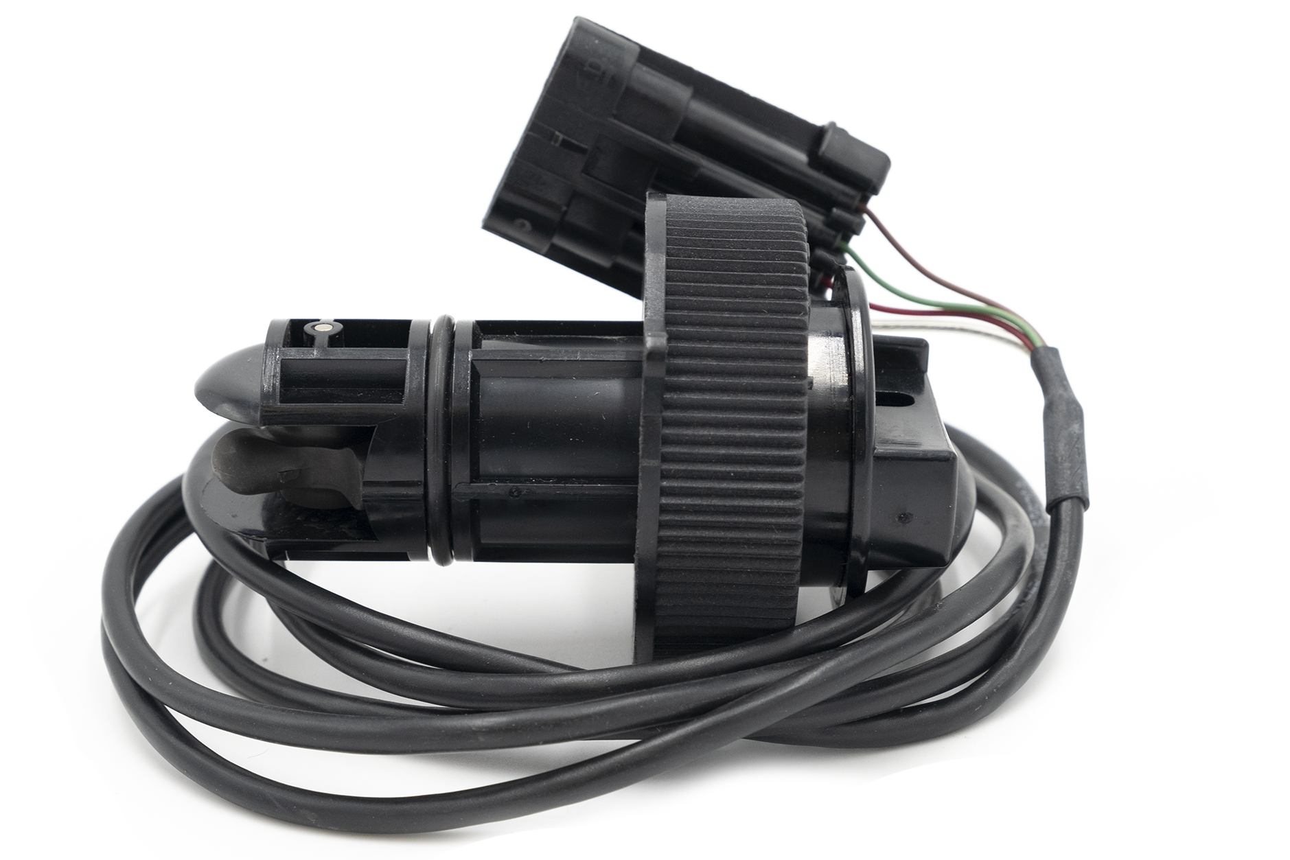 Airmar paddle wheel speed sensor with black housing, attached wiring, and a rotating paddle for boat speed measurement.