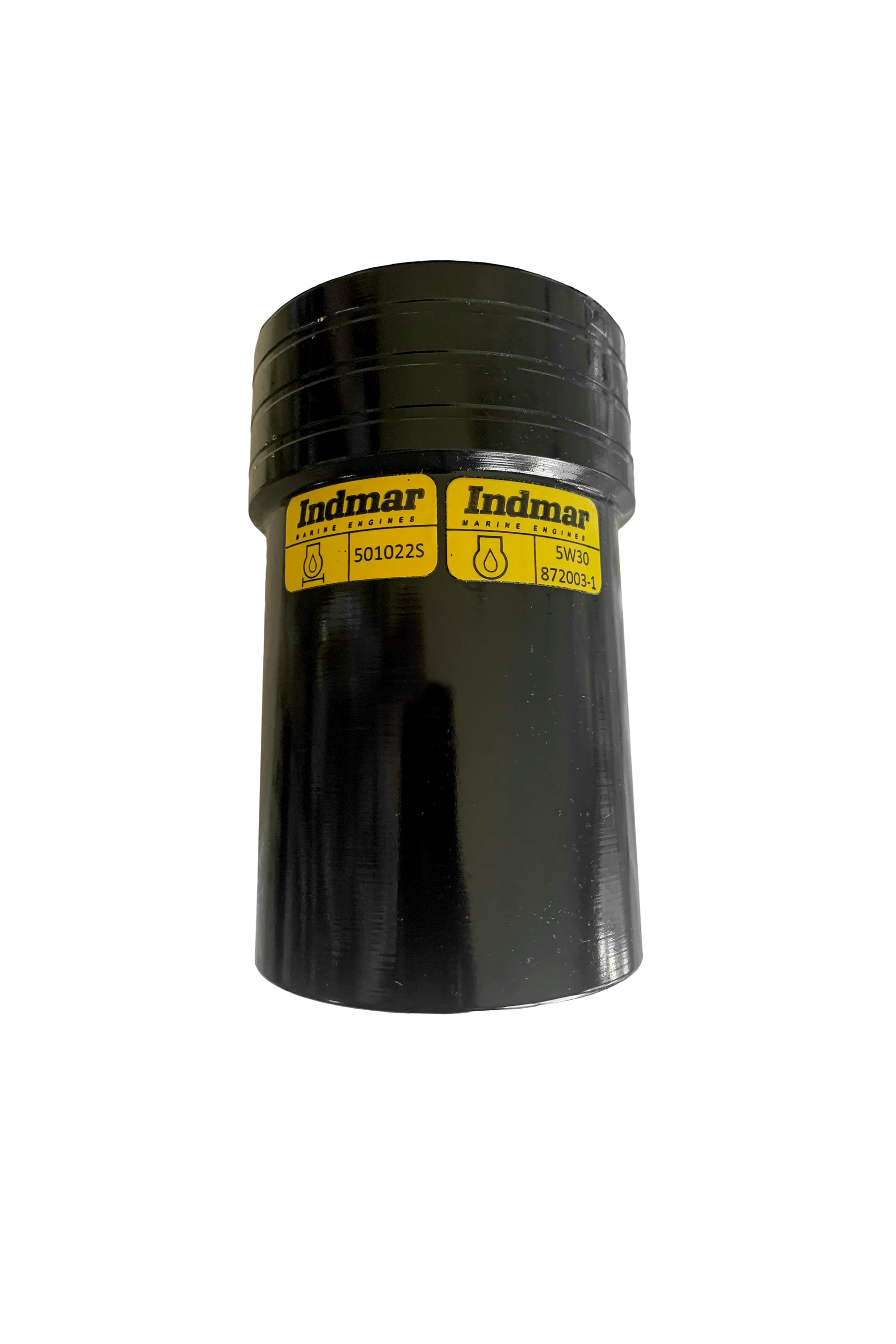 Canister for oil filter cartridge, compatible with 6.2 Indmar/Ford engines, black cylindrical container with yellow labels.