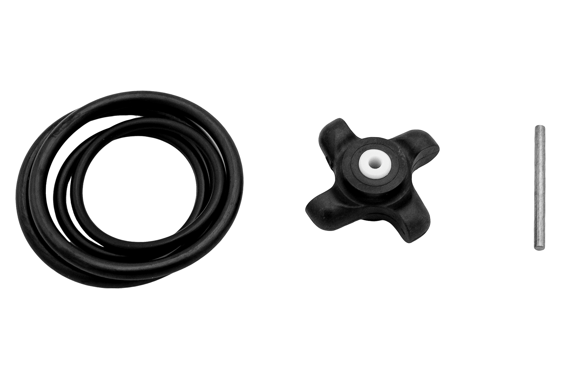 Paddle wheel repair kit includes a coiled rubber seal, a black plastic paddle wheel component, and a metal pin.