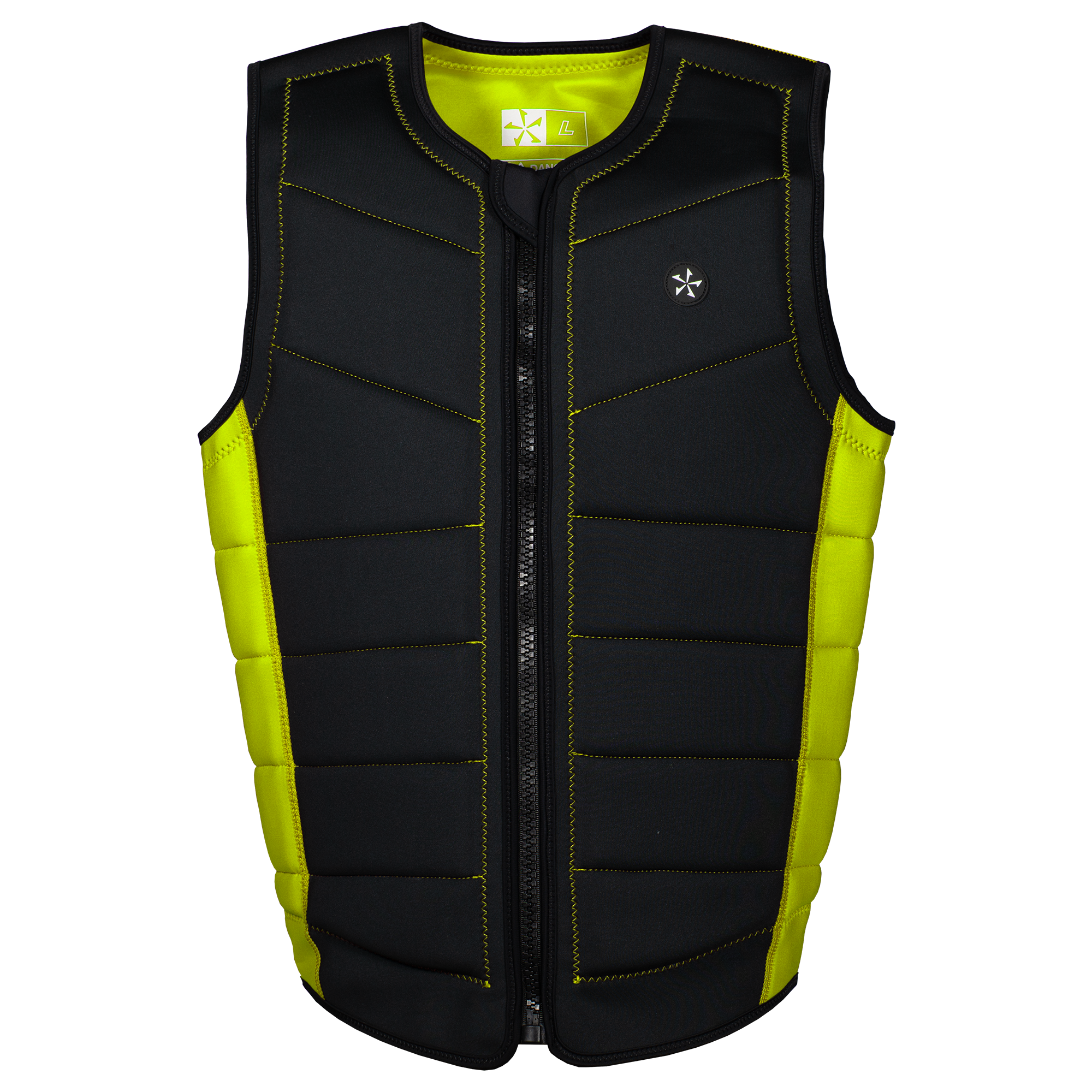 Men's 2025 Phase 5 Pro Vest with black and neon yellow padding, front zipper, and ergonomic design for active wear.