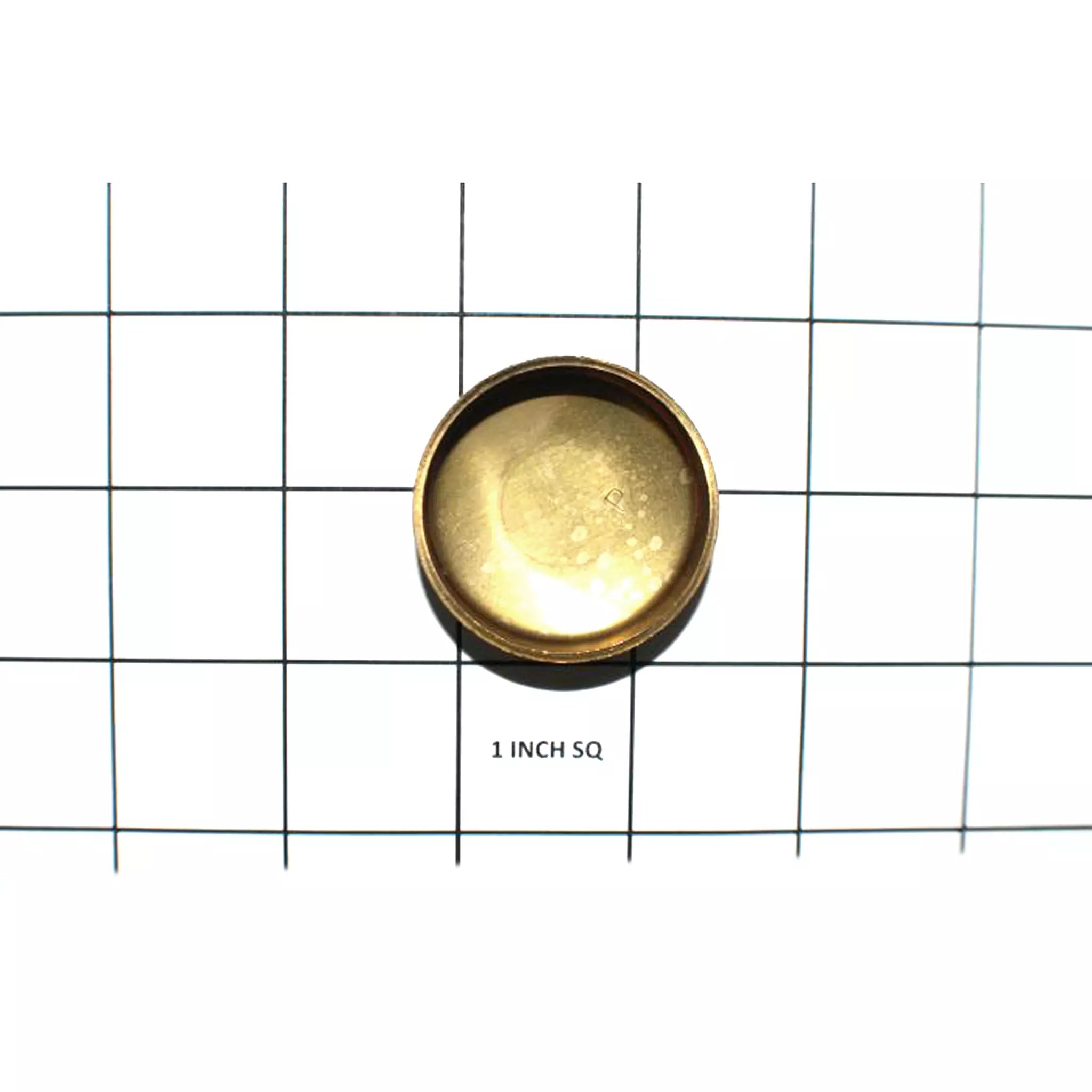 Small brass water jacket plug with a smooth, rounded interior, placed on a grid marked "1 inch square" for size reference.