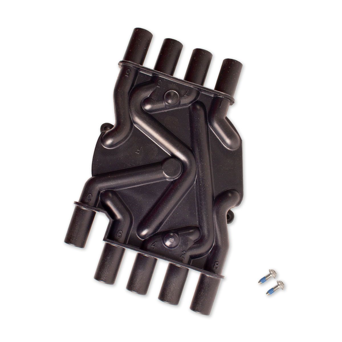 Distributor cap HVS (High Voltage Switch) for ignition systems, black plastic, with mounting screws, used in automotive engines.