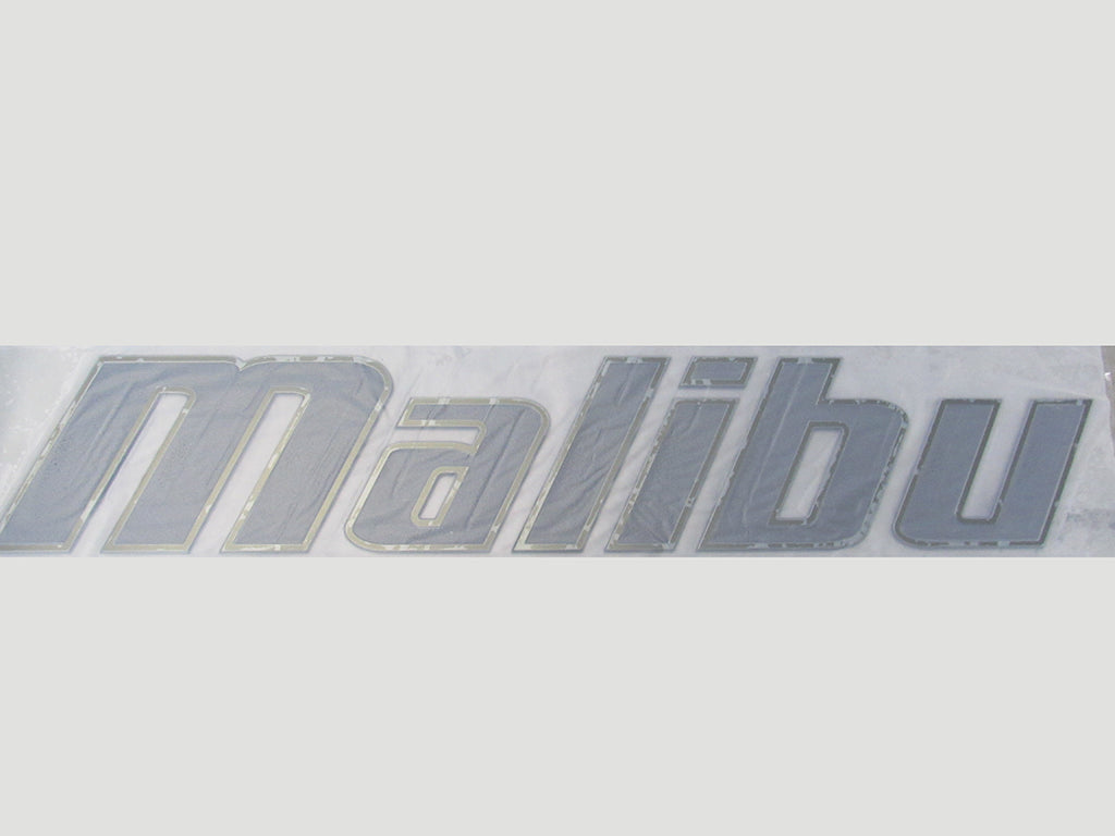 Black Malibu logo emblem with silver lettering, designed for vehicle or accessory branding.