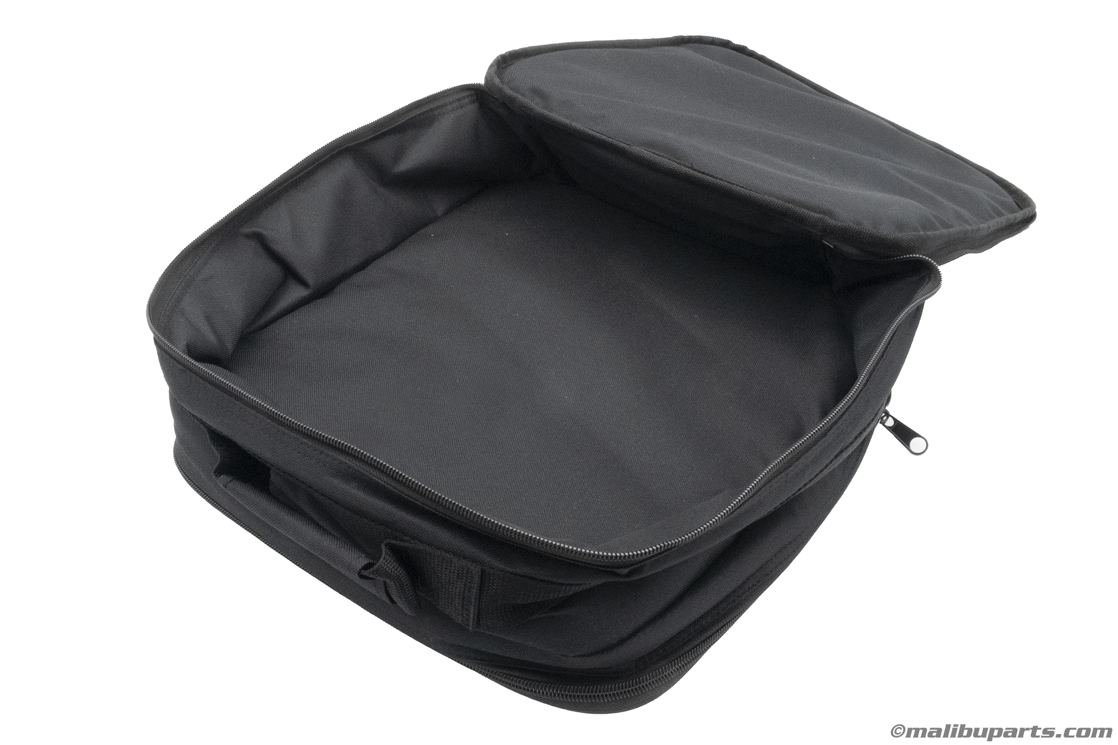 Black fabric storage bag open to show spacious interior, suitable for holding various items, with visible zippers and handles for easy carrying.