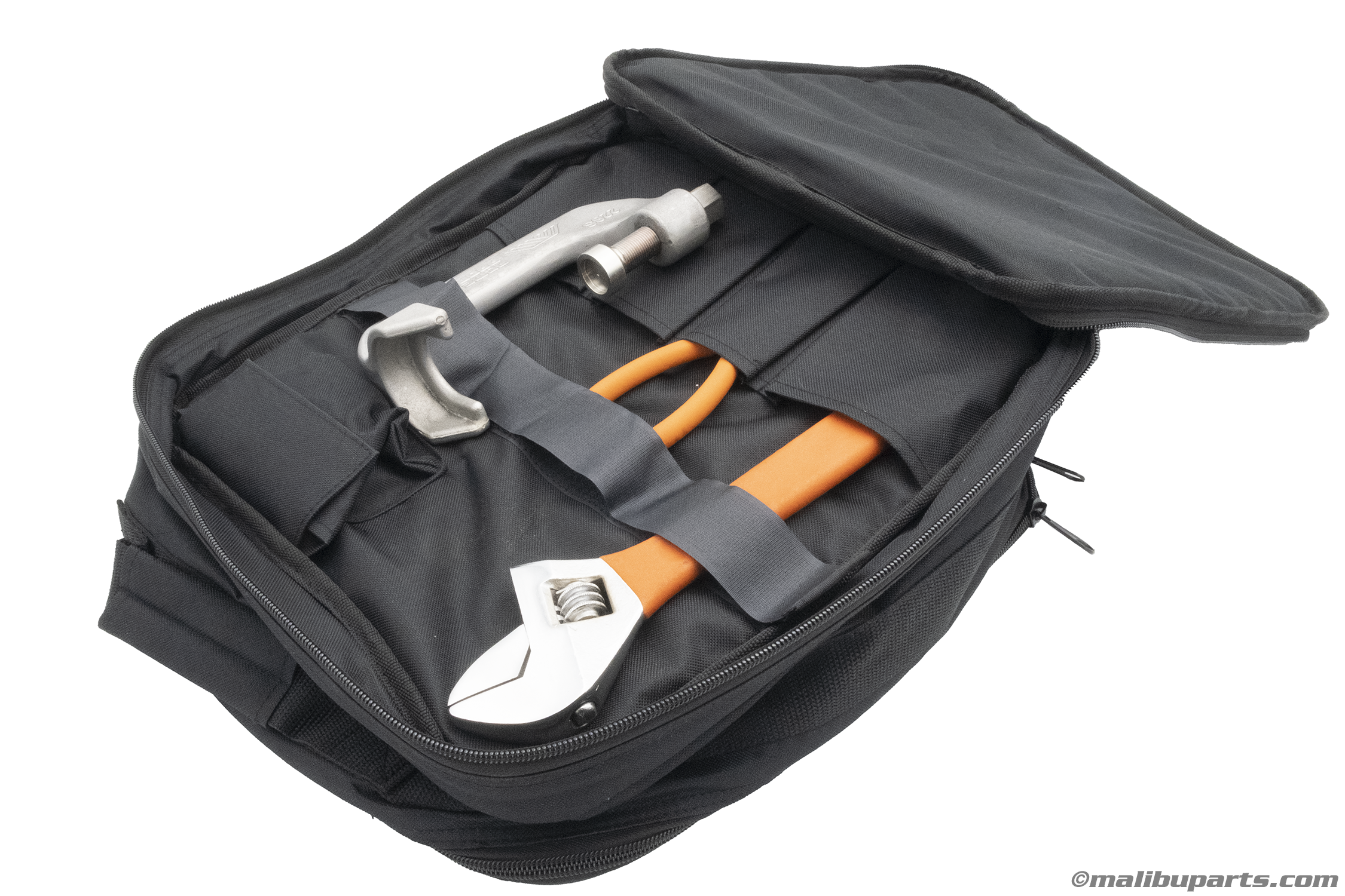 Alt text: Open black tool bag displaying an assortment of tools, including a hammer, an adjustable wrench, and pliers, with neatly organized pockets and compartments.
