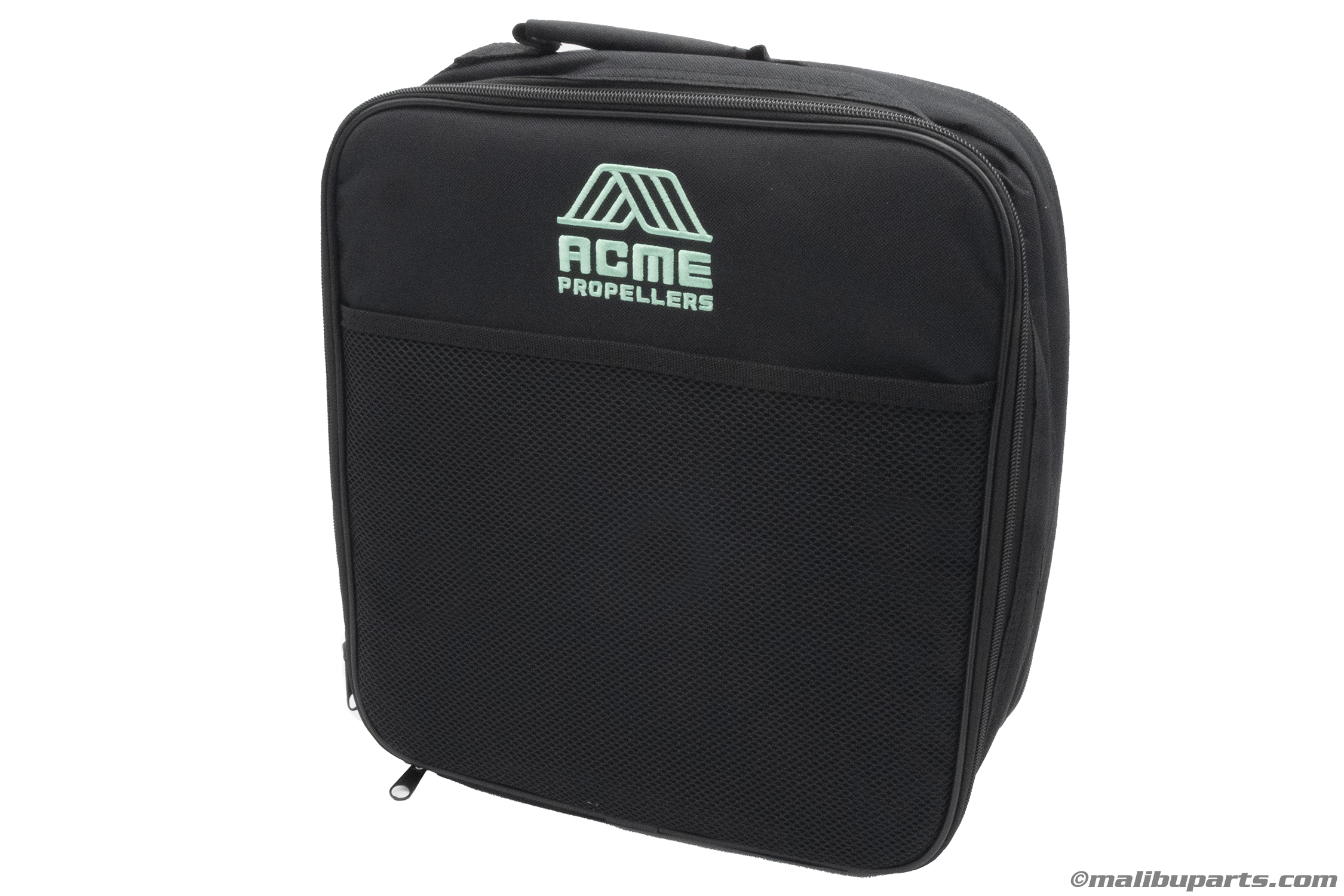 Black zippered carrying case with the logo of Acme Propellers, for a 1-1/4 Weekend Saver Kit, featuring a durable mesh front cover and sturdy handle.