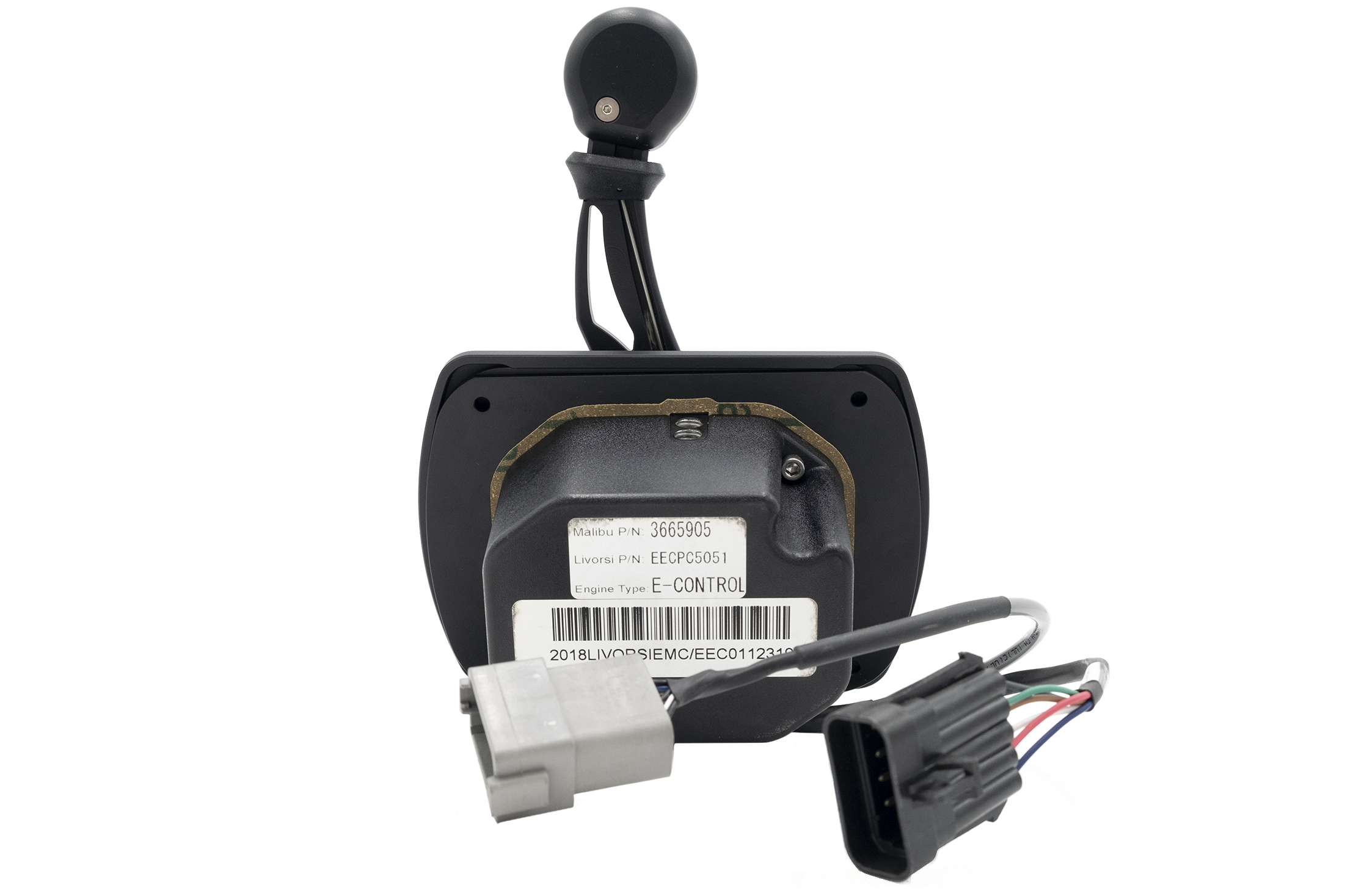 Rear view of a ZF Replacement Shifter with E-Control, showing its connector and electronic components on a white background.