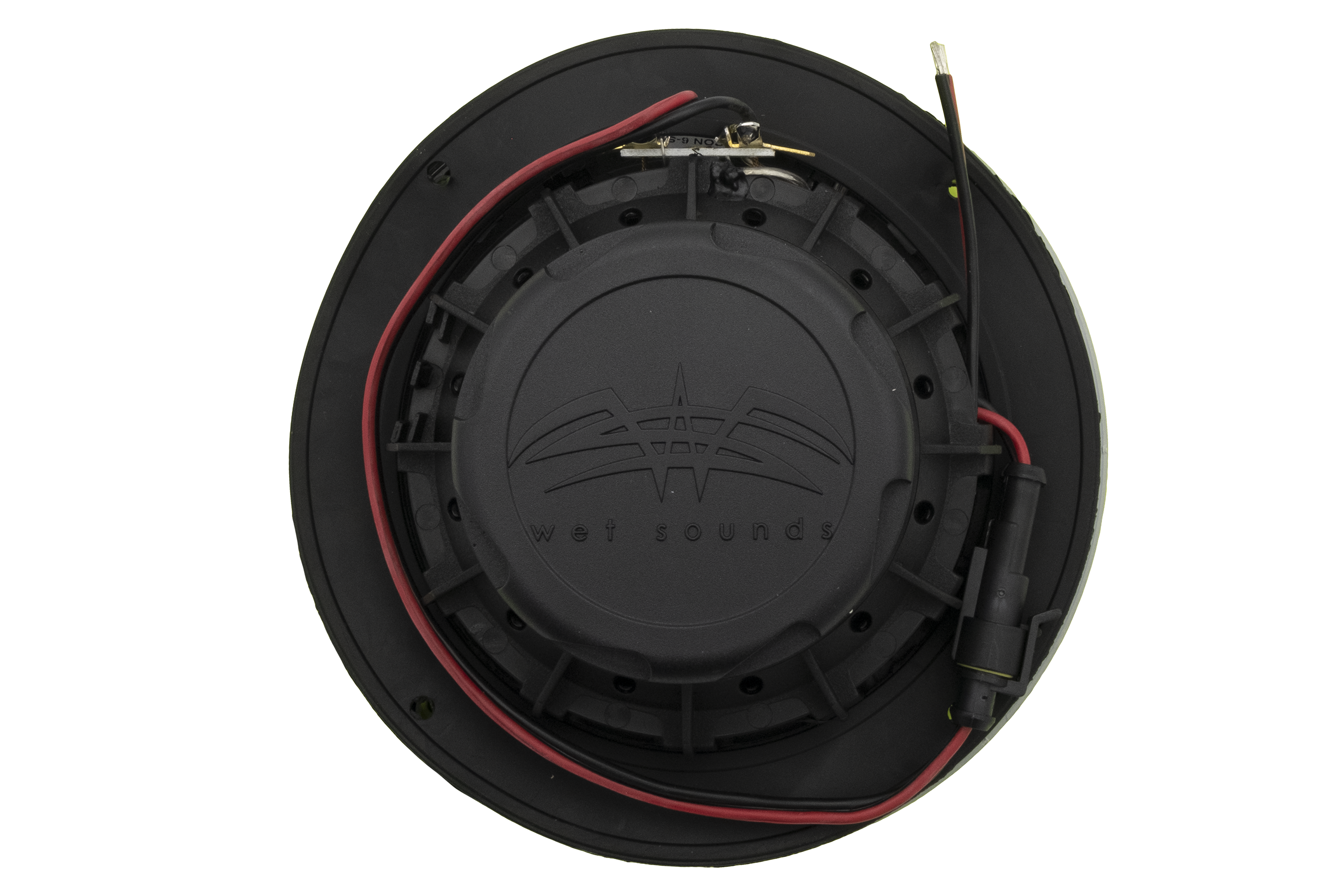 Back view of a Wet Sounds 6.5-inch speaker showing wiring, mounting frame, and protective cover.