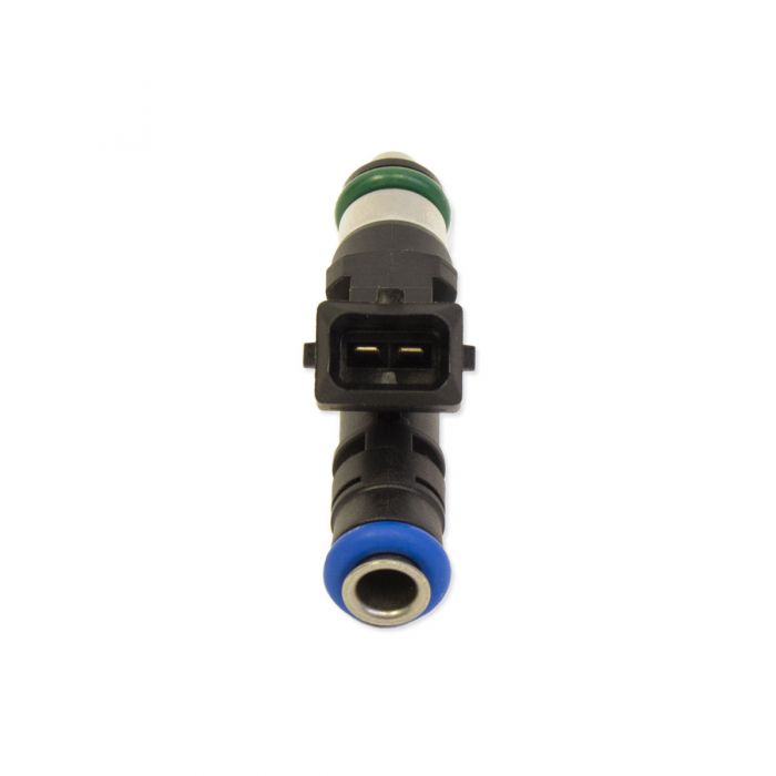 Fuel injector 4 Bar EV-14 with green, white, black, and blue color coding, designed for precise fuel delivery in engines.