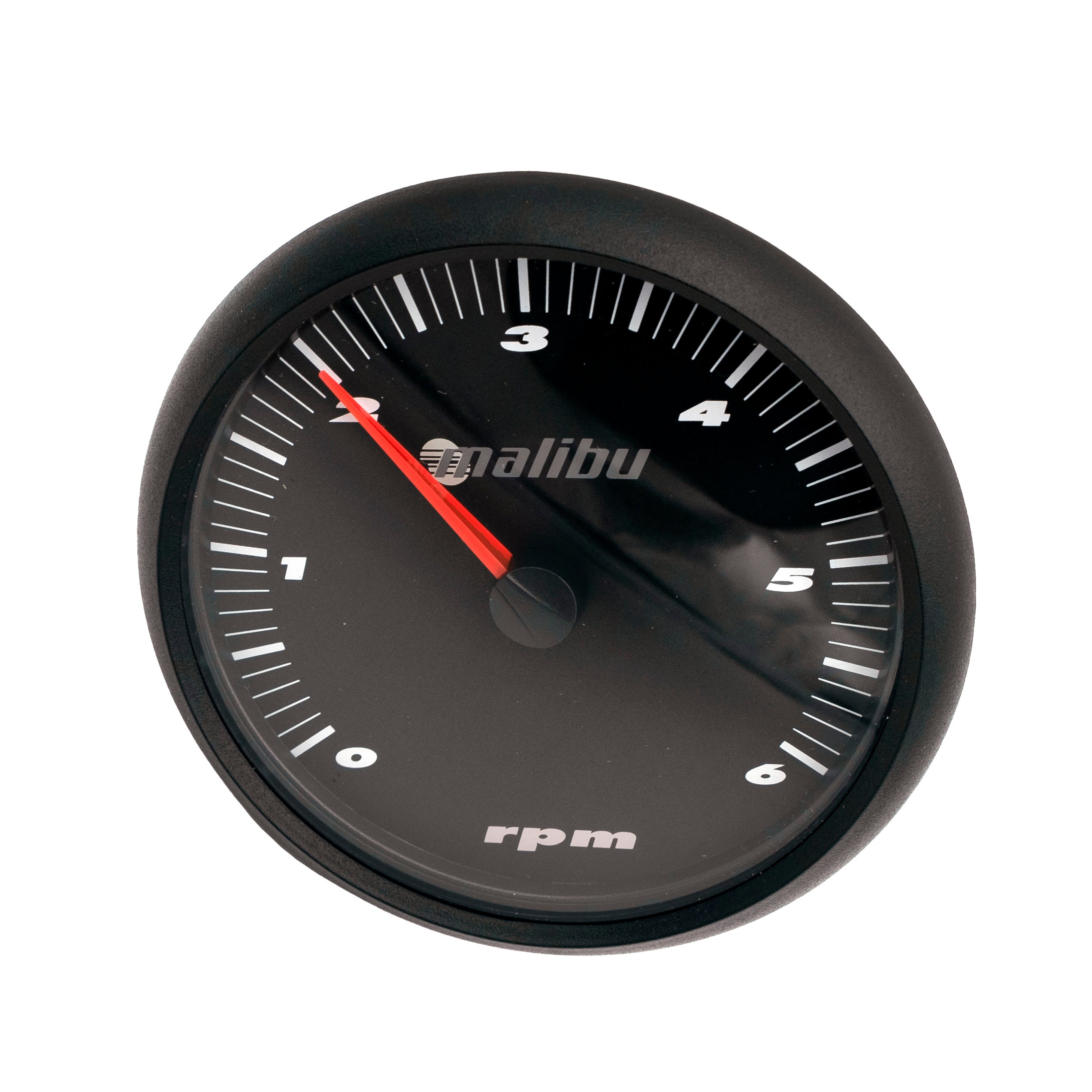 Malibu 5" tachometer for 2003-2004 vehicles, black dial with white markings and red needle, measuring RPM up to 6,000.