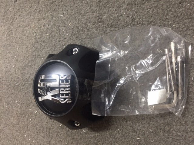 Center cap with hardware for XD Series wheels, featuring a black finish and chrome "XD Series" logo.
