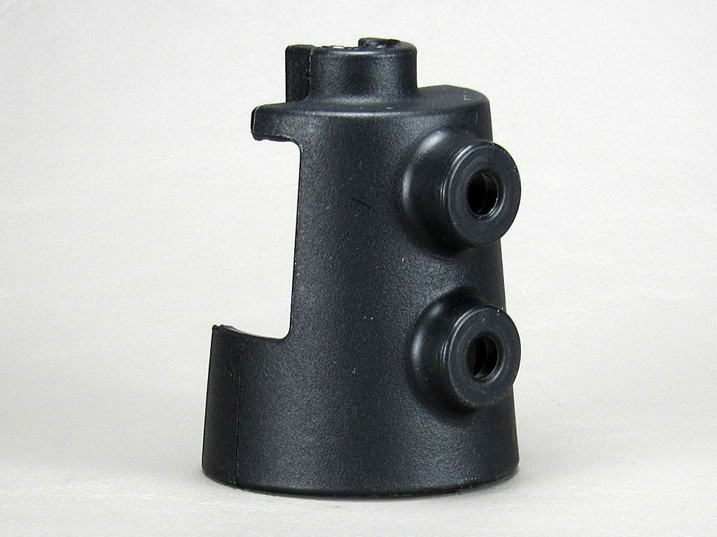Black C Mount clip for 7 to 5 way wiring harness, with two attachment points, used for electrical cable management.